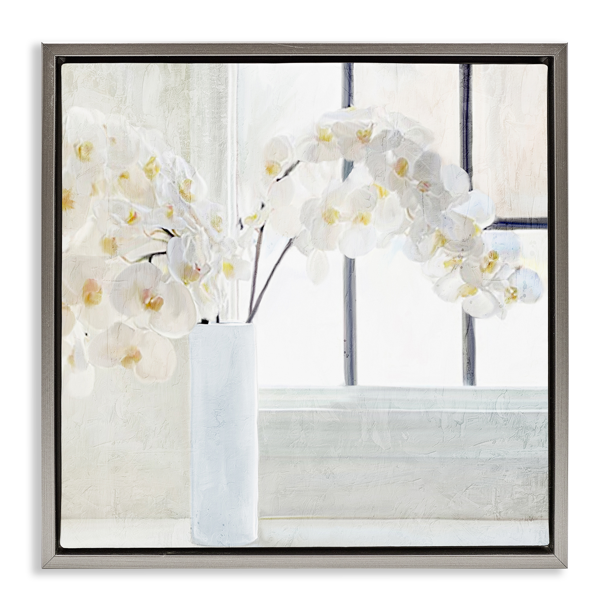 Stupell Industries Orchid Stems Windowsill Plants & Flowers Painting Gray Floater Framed Canvas Art Print Wall Art, 25 x 25