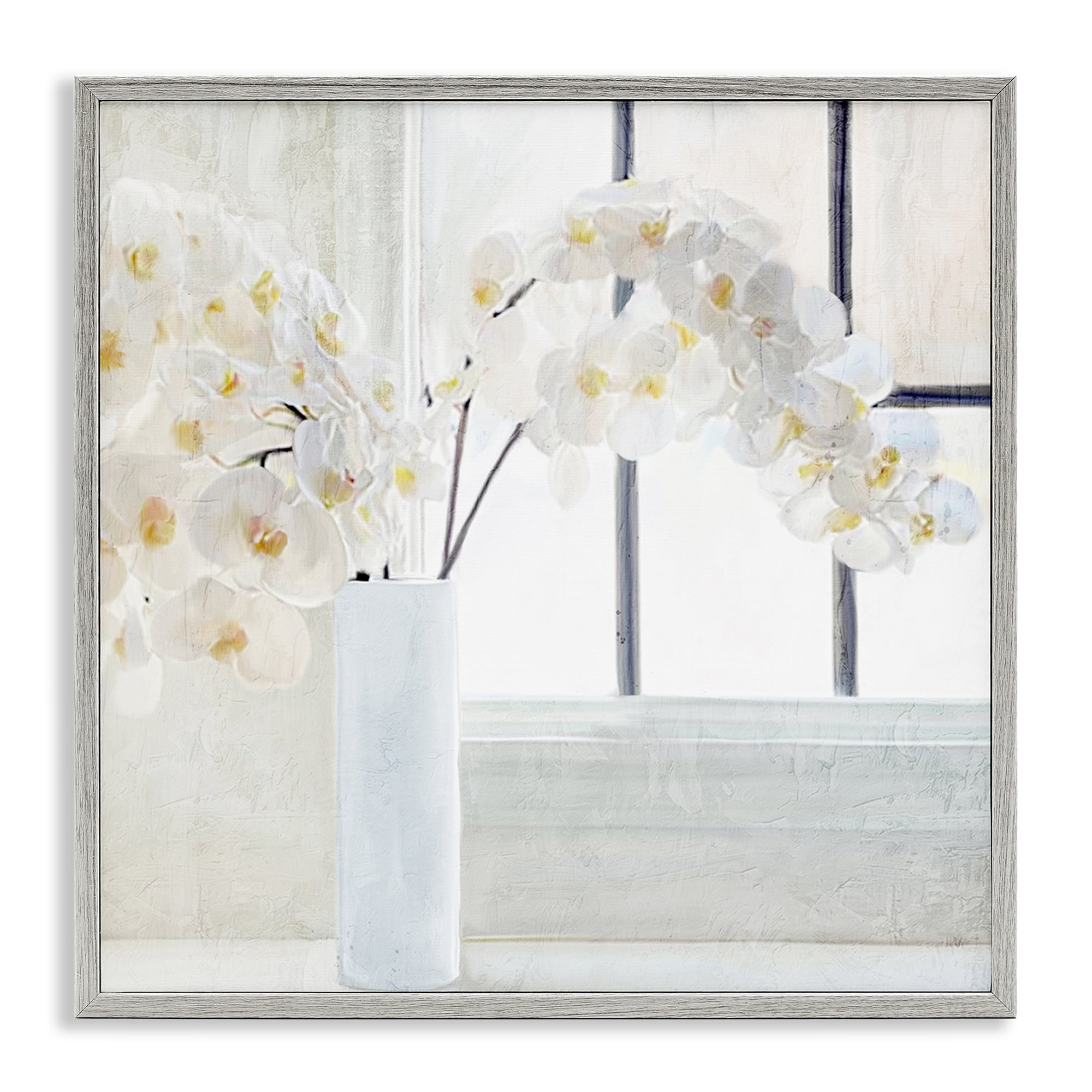 Stupell Industries Orchid Stems Windowsill Plants & Flowers Painting Gray Framed Art Print Wall Art, 17 x 17