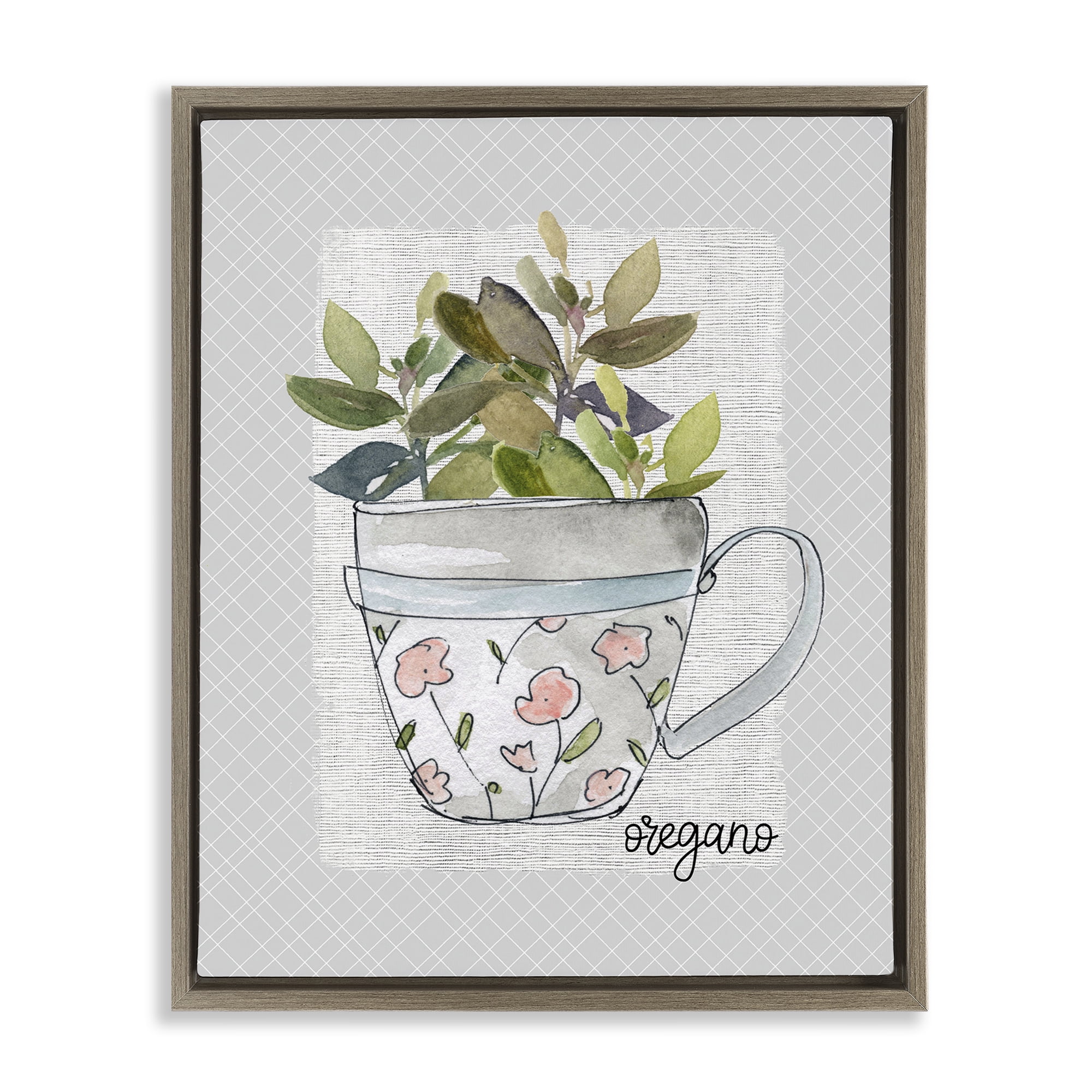 Stupell Industries Oregano Herb Mug Brown Framed Floater Canvas Wall Art, design by Livi Finn