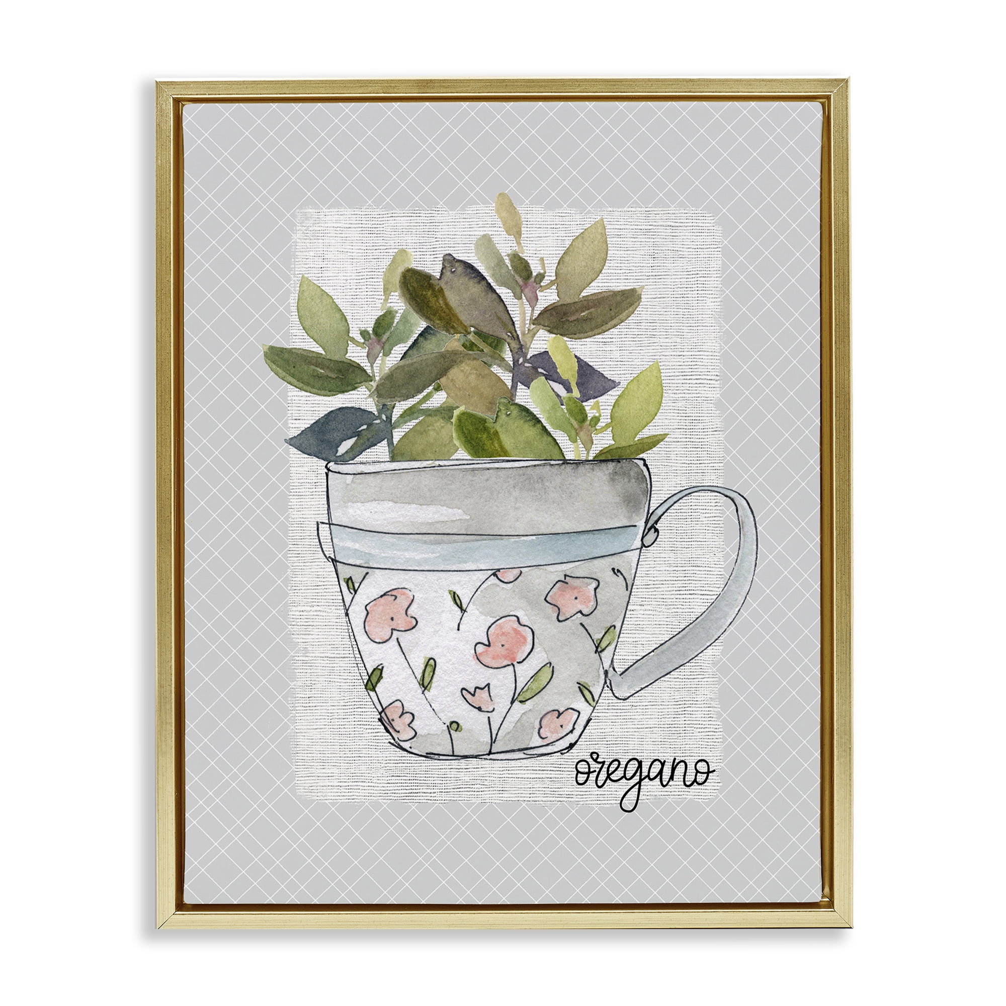 Stupell Industries Oregano Herb Mug Gold Framed Floater Canvas Wall Art, design by Livi Finn