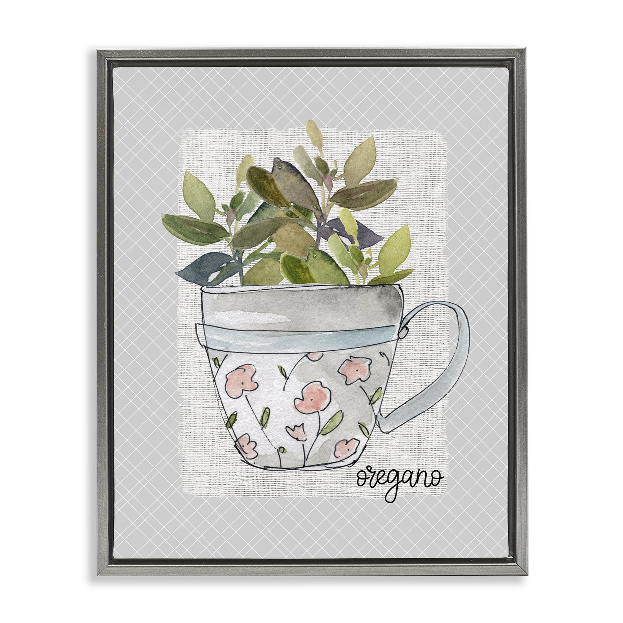 Stupell Industries Oregano Herb Mug Gray Framed Floater Canvas Wall Art, design by Livi Finn