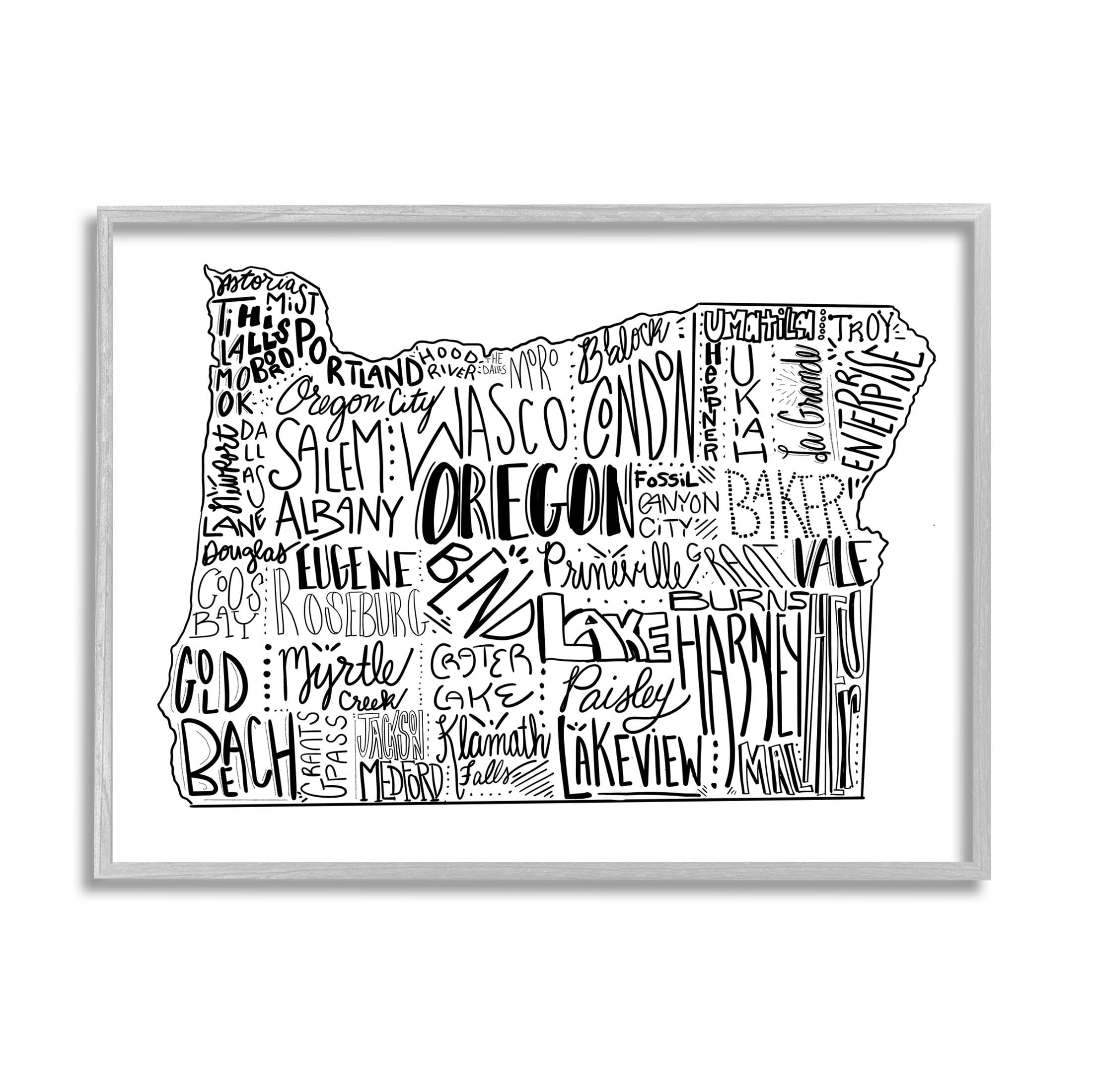 Stupell Industries Oregon State Cities Map Graphic Art Gray Framed Art Print Wall Art, Design by The Saturday Evening Post