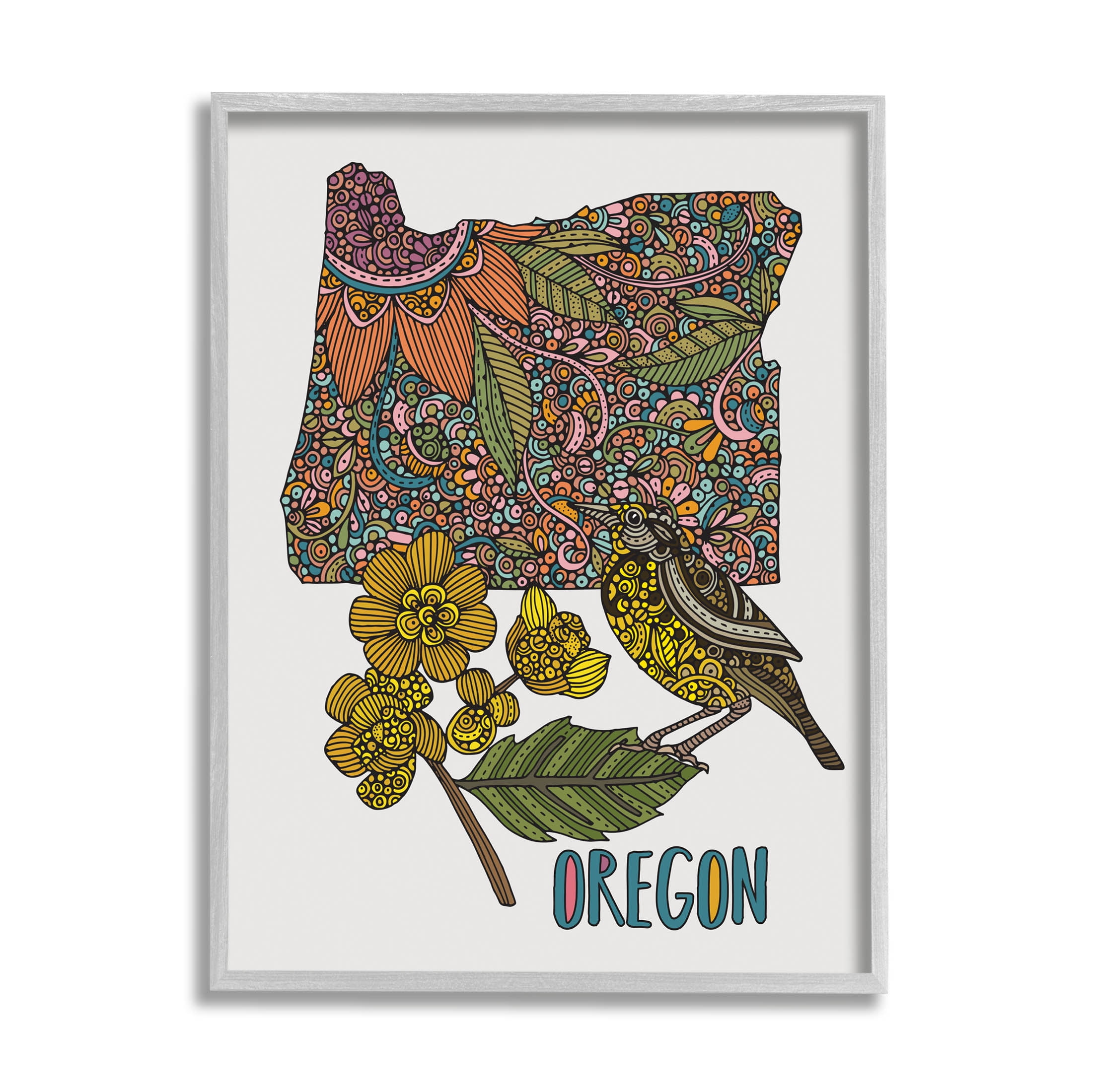 Stupell Industries Oregon State Flower Bird Graphic Art Gray Framed Art Print Wall Art, Design by Valentina Harper