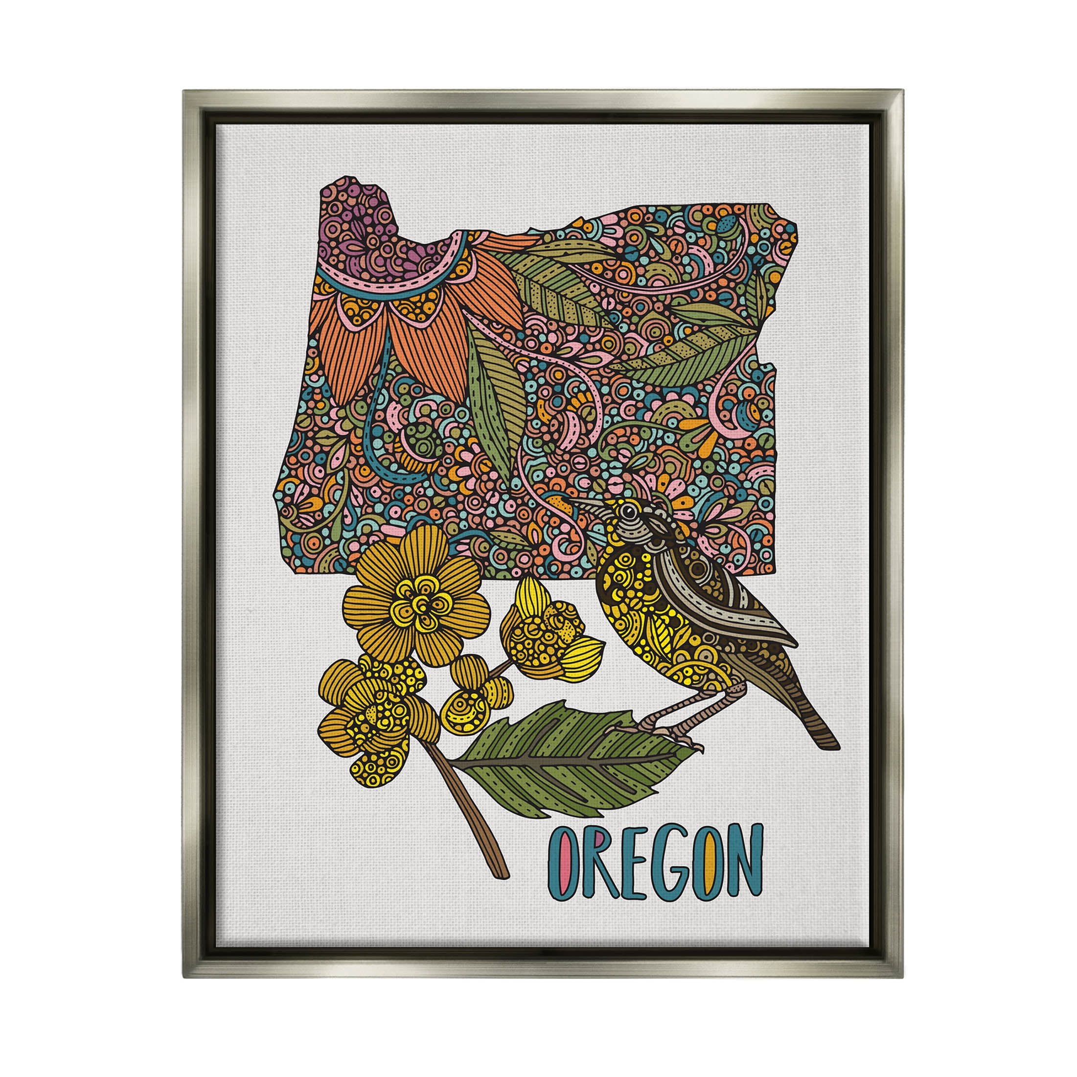 Stupell Industries Oregon State Flower Bird Graphic Art Luster Gray Floating Framed Canvas Print Wall Art, Design by Valentina Harper