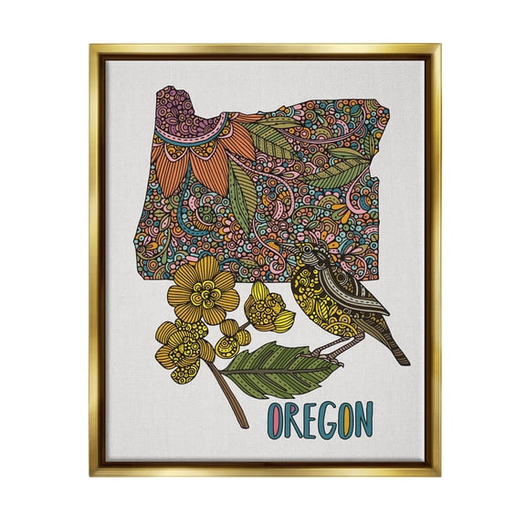 Stupell Industries Oregon State Flower Bird Graphic Art Metallic Gold Floating Framed Canvas Print Wall Art, Design by Valentina Harper