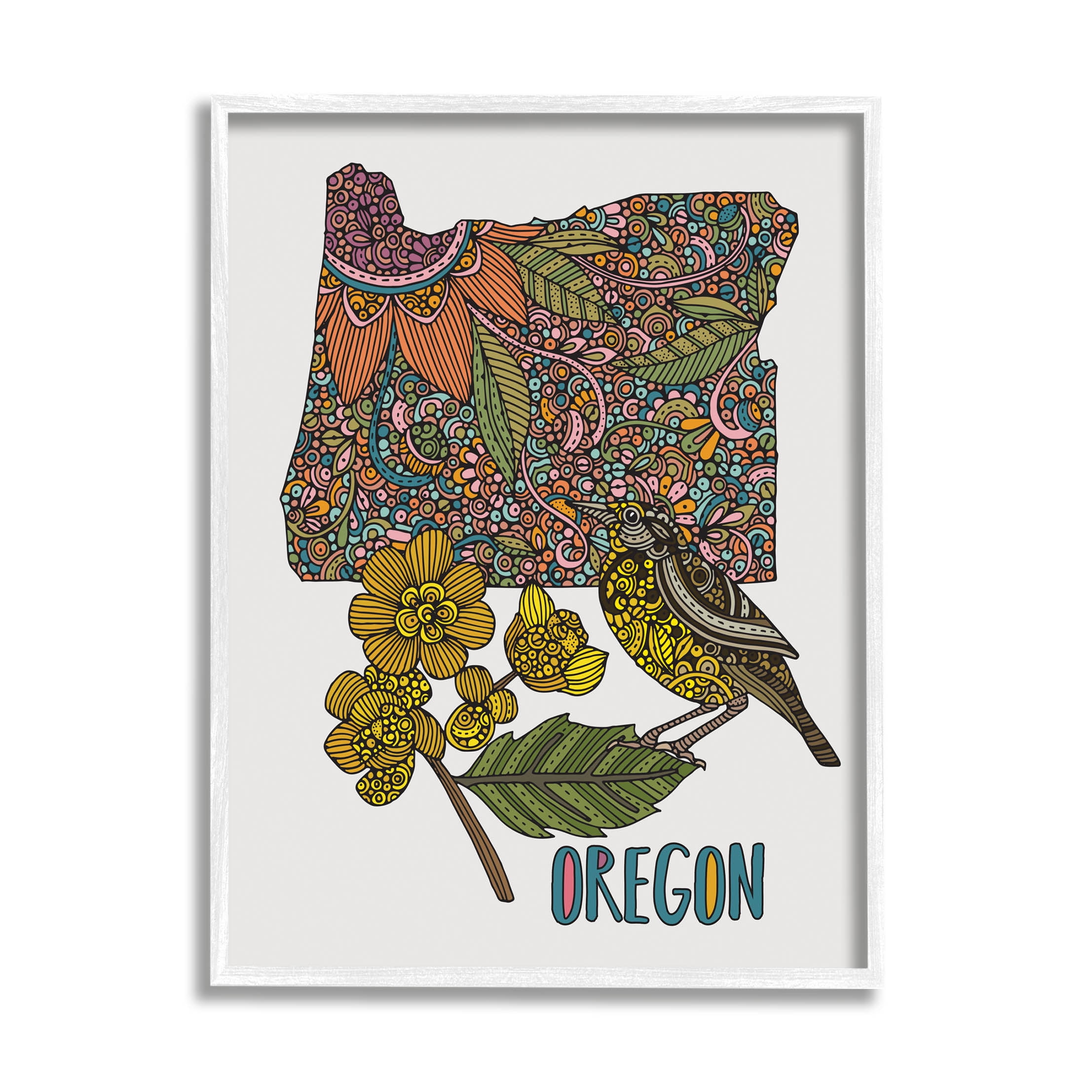 Stupell Industries Oregon State Flower Bird Graphic Art White Framed Art Print Wall Art, Design by Valentina Harper