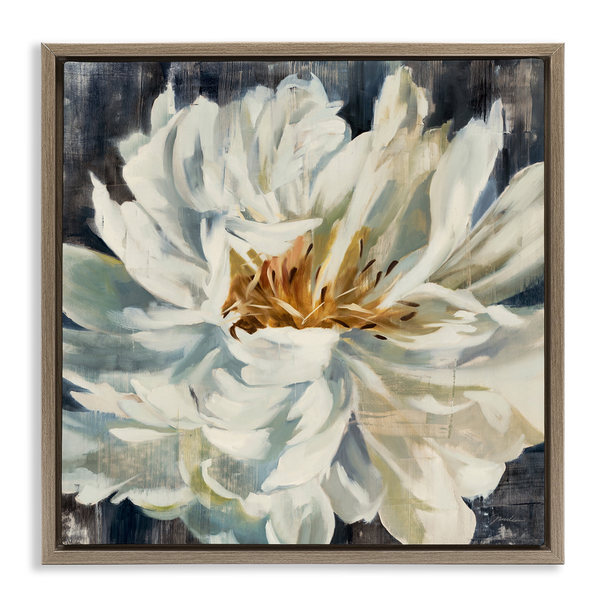 Stupell Industries Organic Blooming White Petals Botanical & Floral Painting Brown Floater Framed Canvas Art Print Wall Art, 25 x 25
