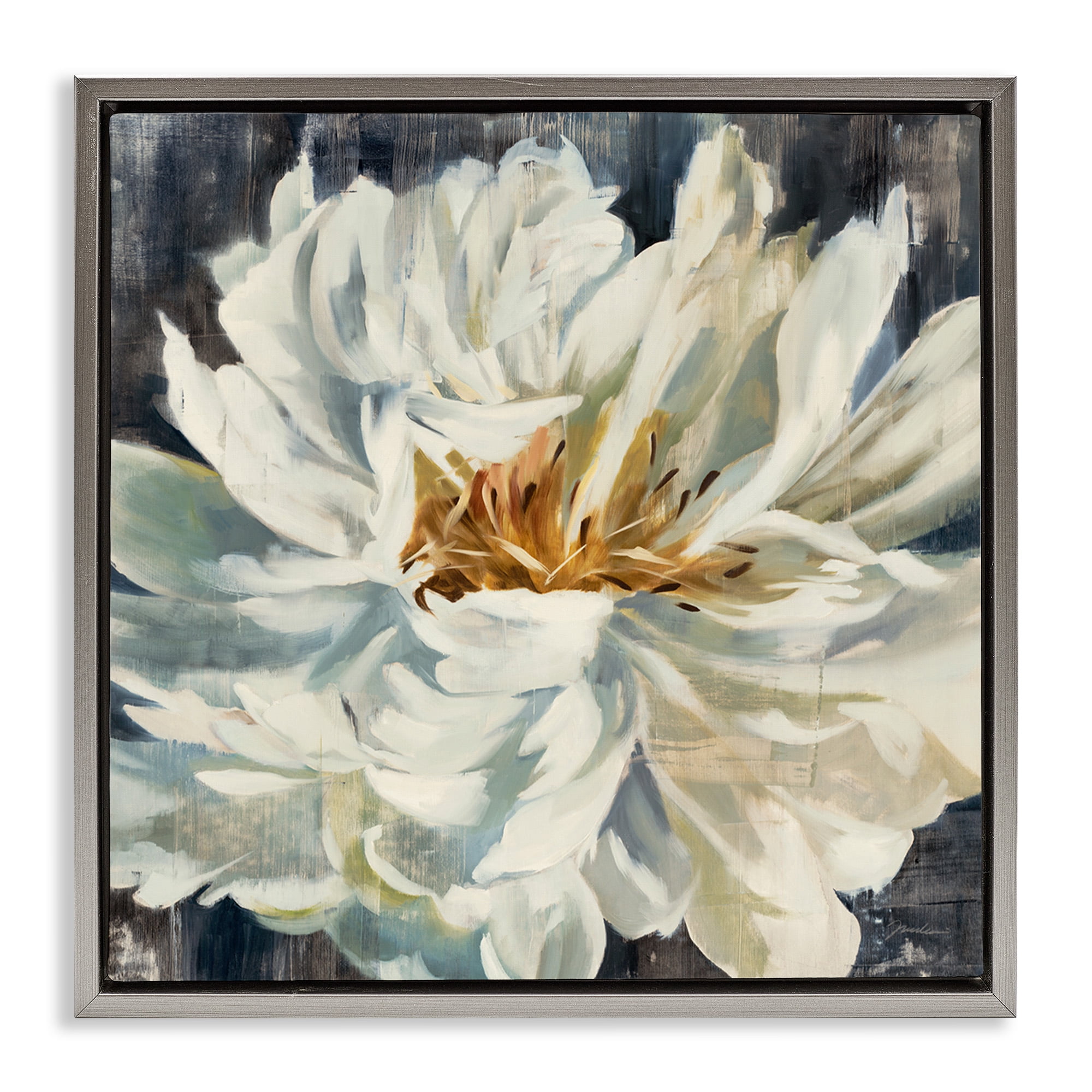 Stupell Industries Organic Blooming White Petals Botanical & Floral Painting Gray Floater Framed Canvas Art Print Wall Art, 25 x 25