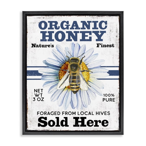 Stupell Industries Organic Honey Sold Here Insects Painting Black Floater Framed Canvas Art Print Wall Art, 17 x 21