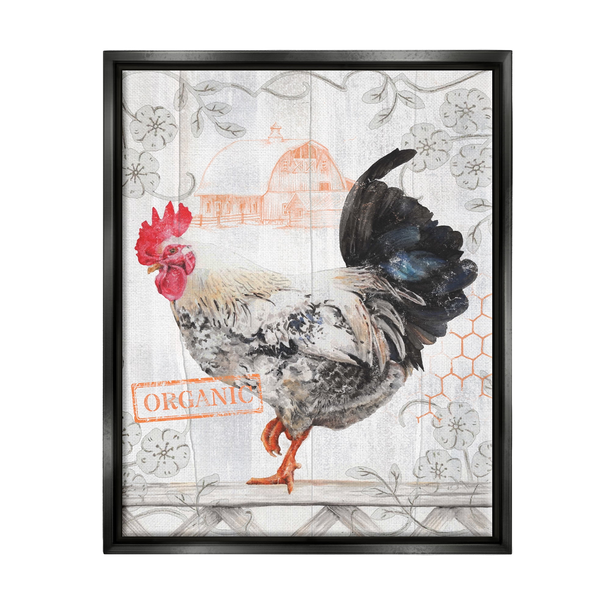 Stupell Industries Organic Pattern Rooster Animals & Insects Painting Black Floater Framed Canvas Art Print Wall Art, 25 x 31