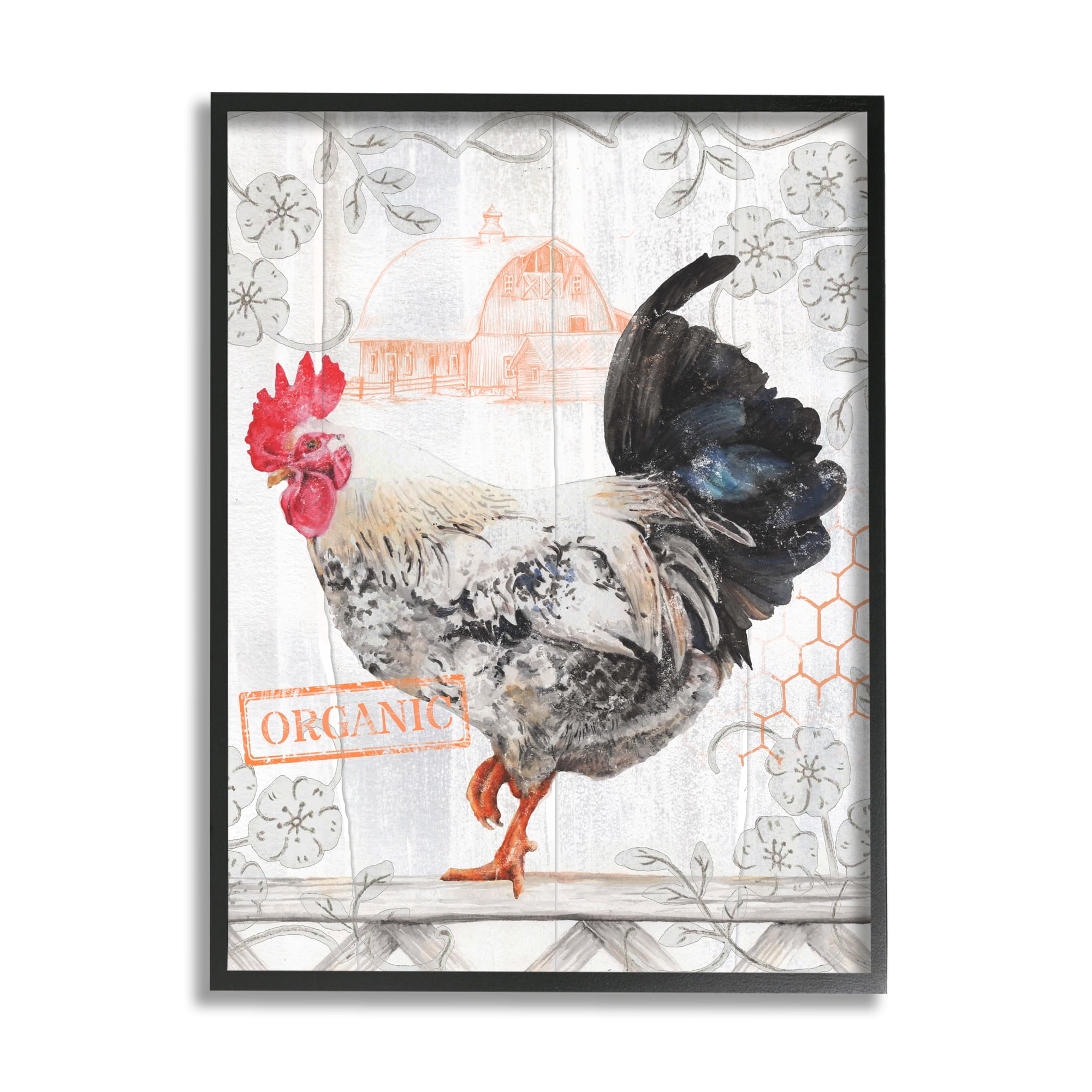 Stupell Industries Organic Pattern Rooster Animals & Insects Painting Black Framed Art Print Wall Art, 24 x 30