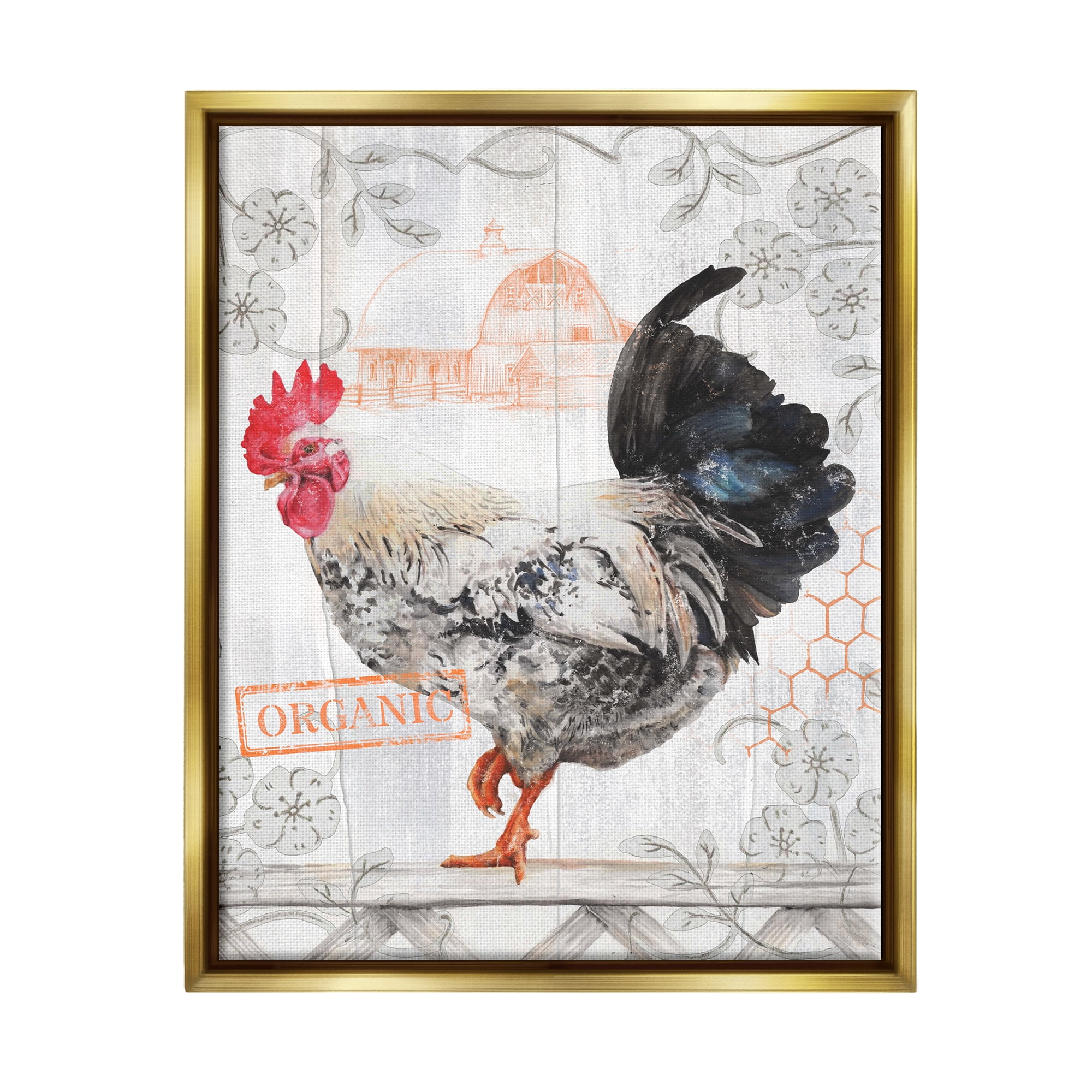 Stupell Industries Organic Pattern Rooster Animals & Insects Painting Gold Floater Framed Canvas Art Print Wall Art, 17 x 21
