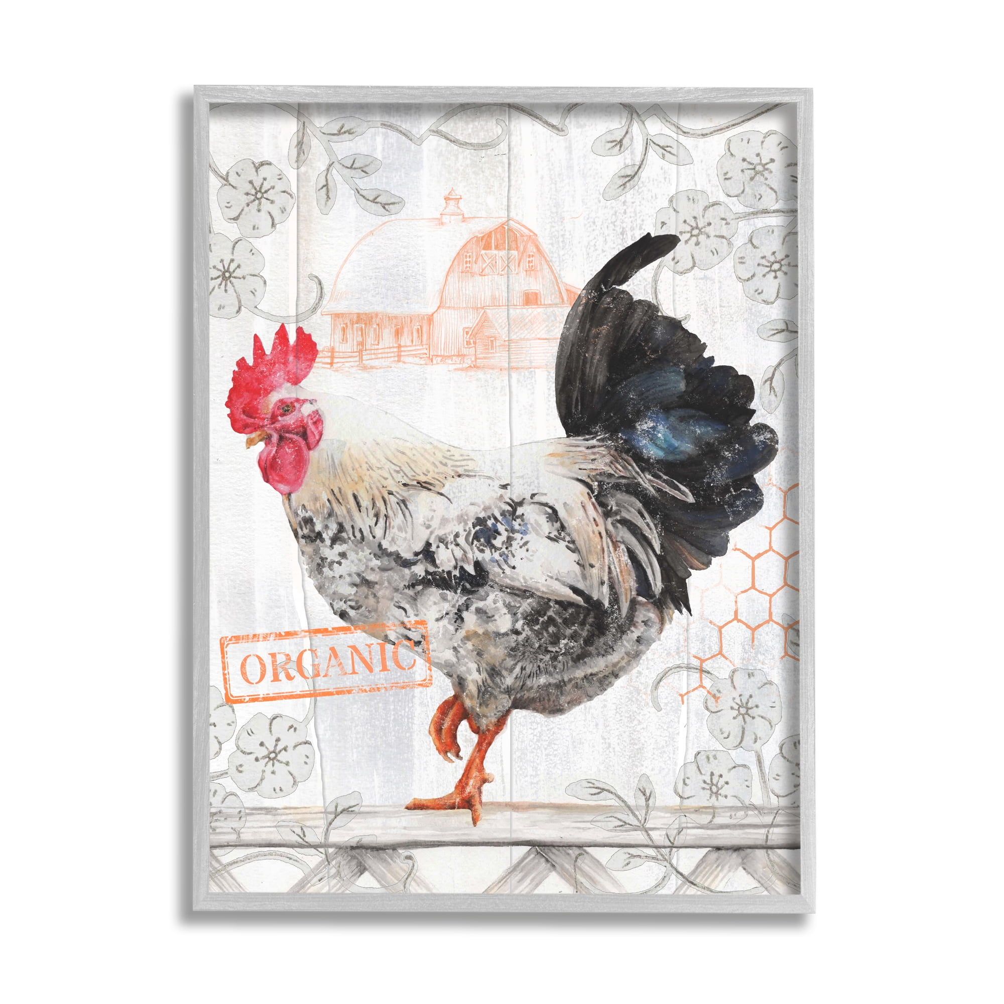 Stupell Industries Organic Pattern Rooster Animals & Insects Painting Gray Framed Art Print Wall Art, 11 x 14