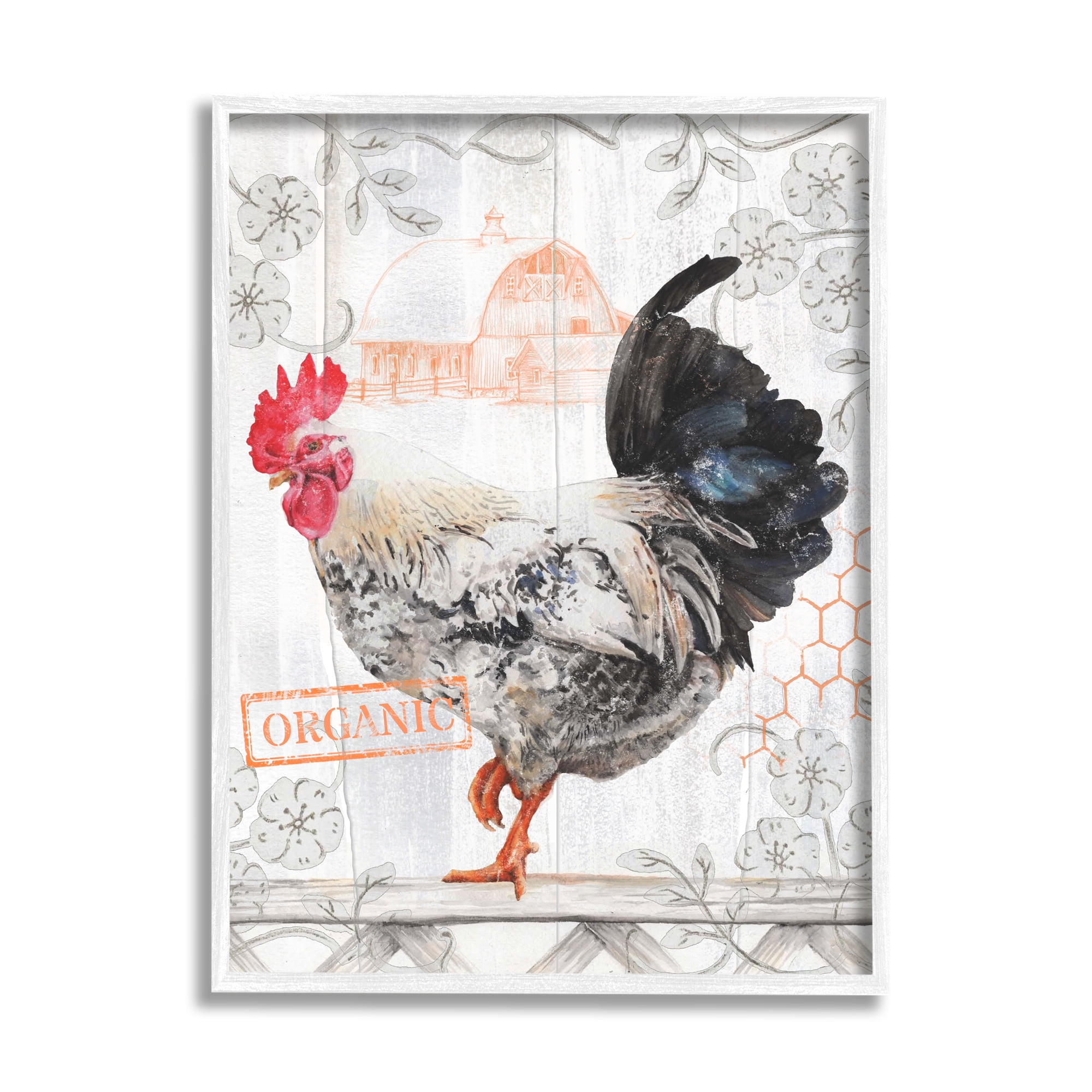 Stupell Industries Organic Pattern Rooster Animals & Insects Painting White Framed Art Print Wall Art, 11 x 14