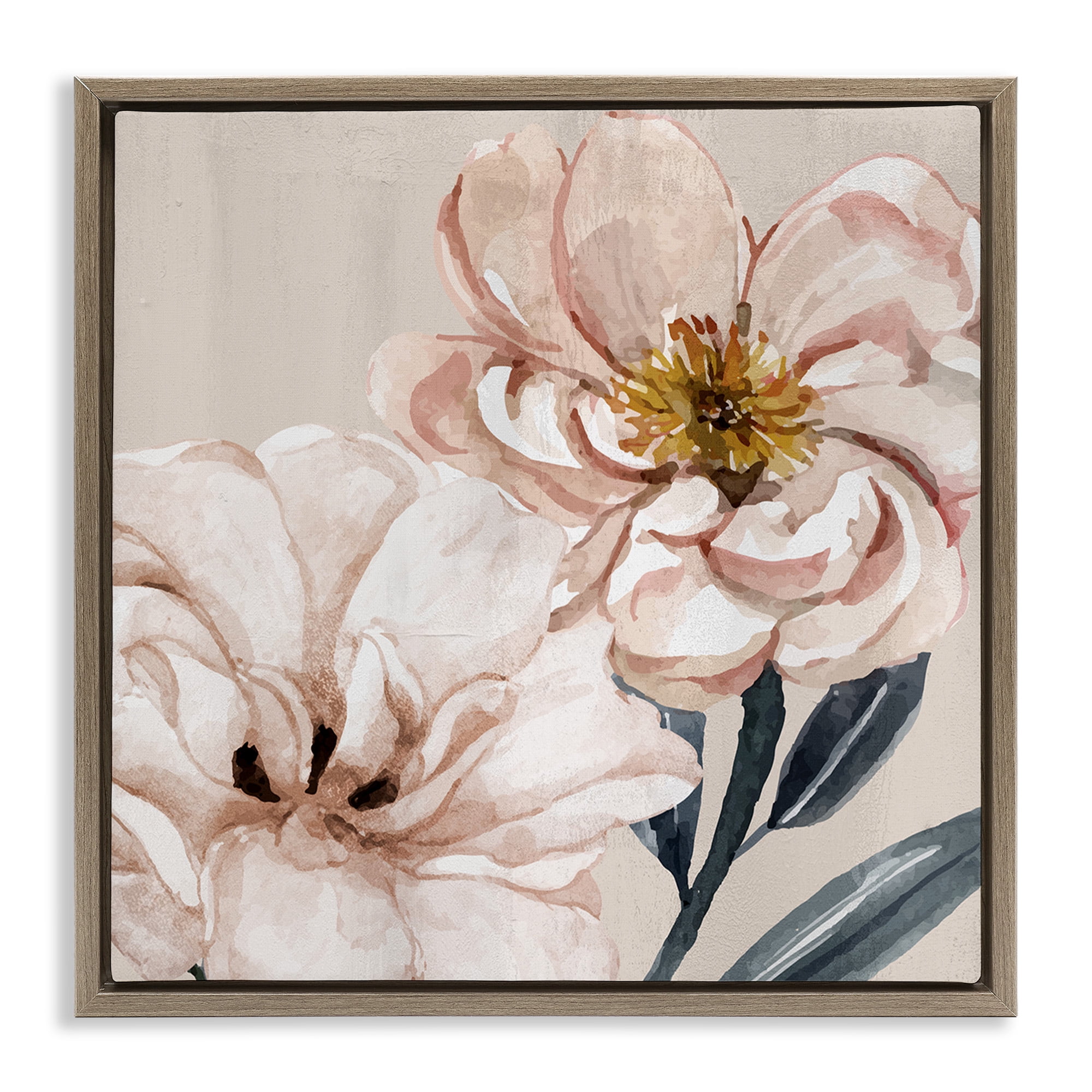 Stupell Industries Organic Pink Poppy Petals Botanical & Floral Painting Brown Floater Framed Canvas Art Print Wall Art, 18 x 18