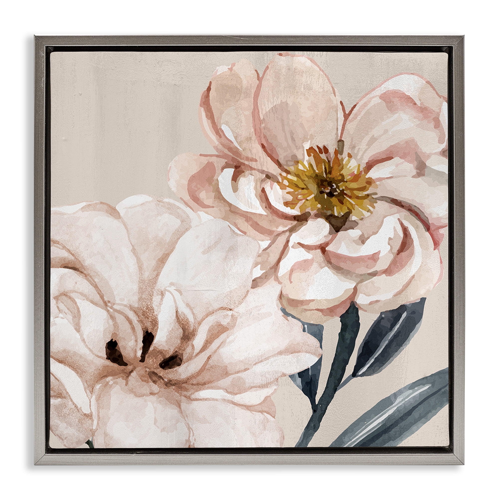 Stupell Industries Organic Pink Poppy Petals Botanical & Floral Painting Gray Floater Framed Canvas Art Print Wall Art, 18 x 18