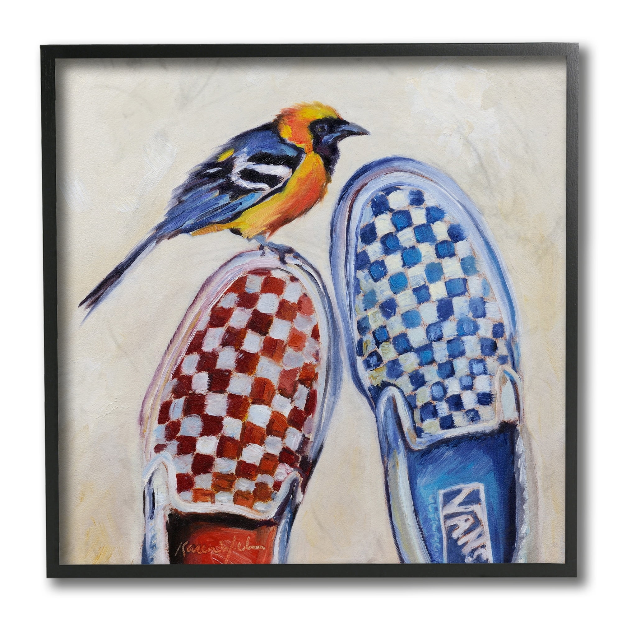 Stupell Industries Oriole Bird on Vintage Checkered Sneakers Painting Black Framed by Karen Weber Fine Art