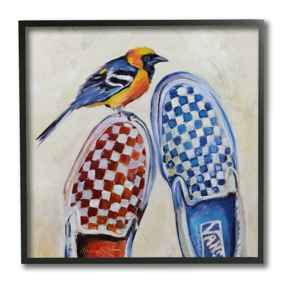 Stupell Industries Oriole Bird on Vintage Checkered Sneakers Painting Black Framed by Karen Weber Fine Art