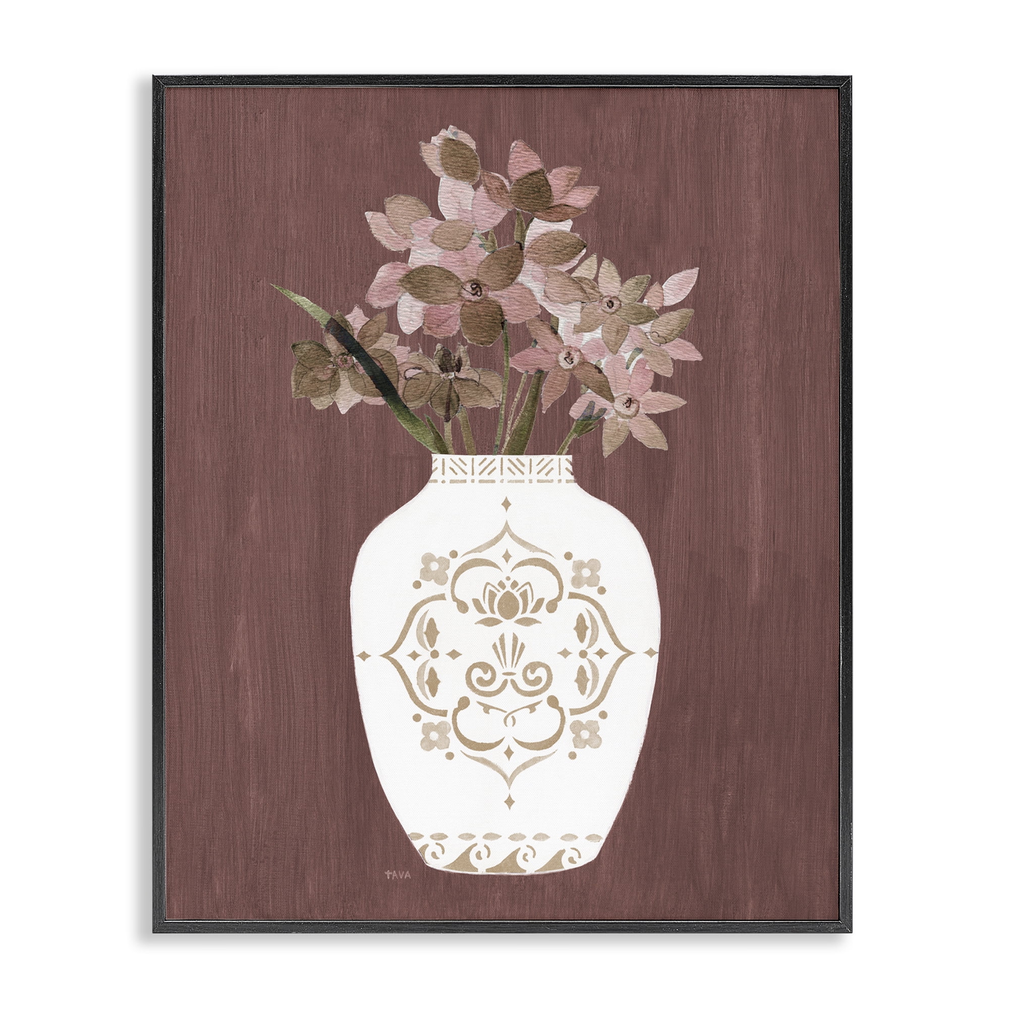 Stupell Industries Ornate Boho Vase Plants & Flowers Painting Black Framed Art Print Wall Art, 16 x 20