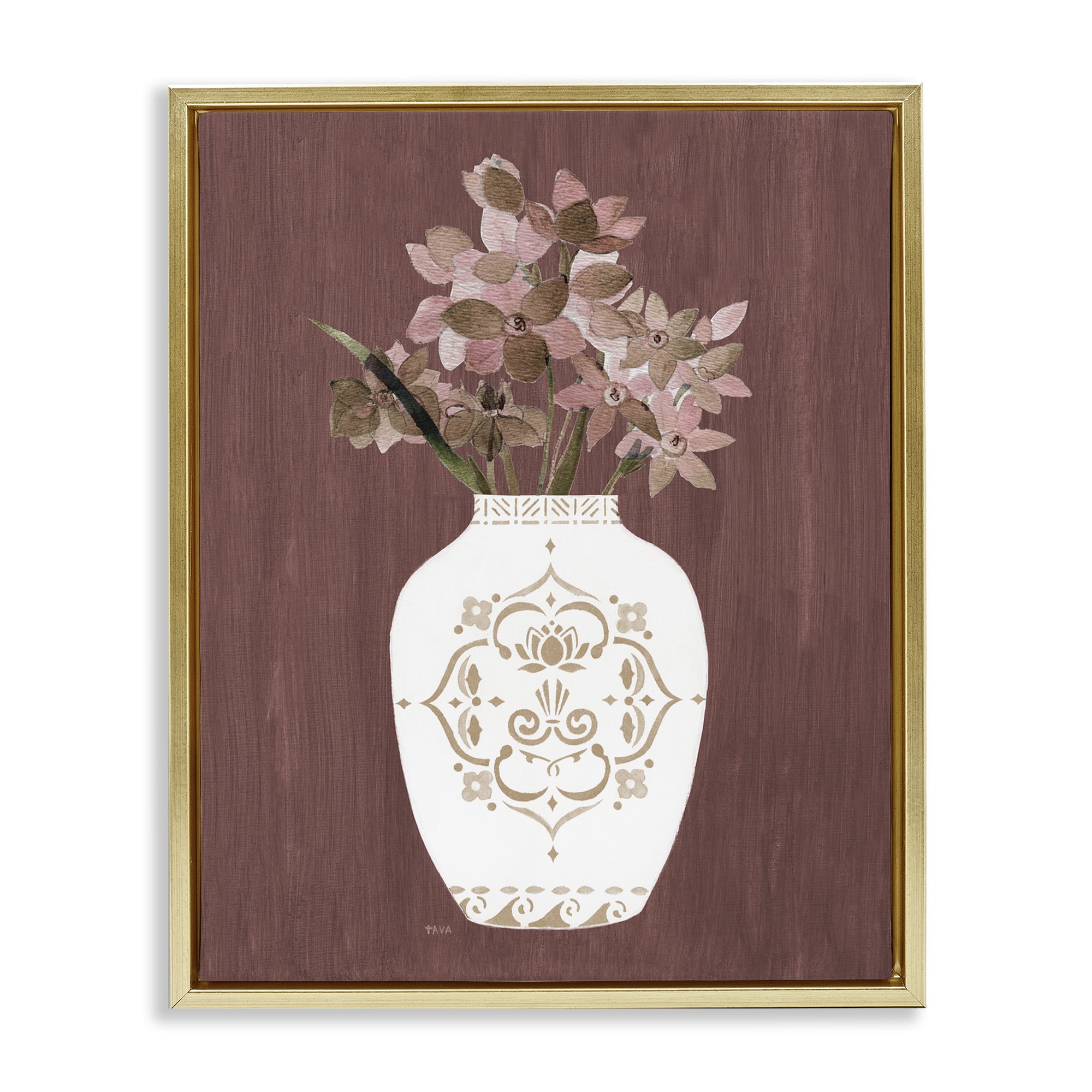 Stupell Industries Ornate Boho Vase Plants & Flowers Painting Gold Floater Framed Canvas Art Print Wall Art, 17 x 21