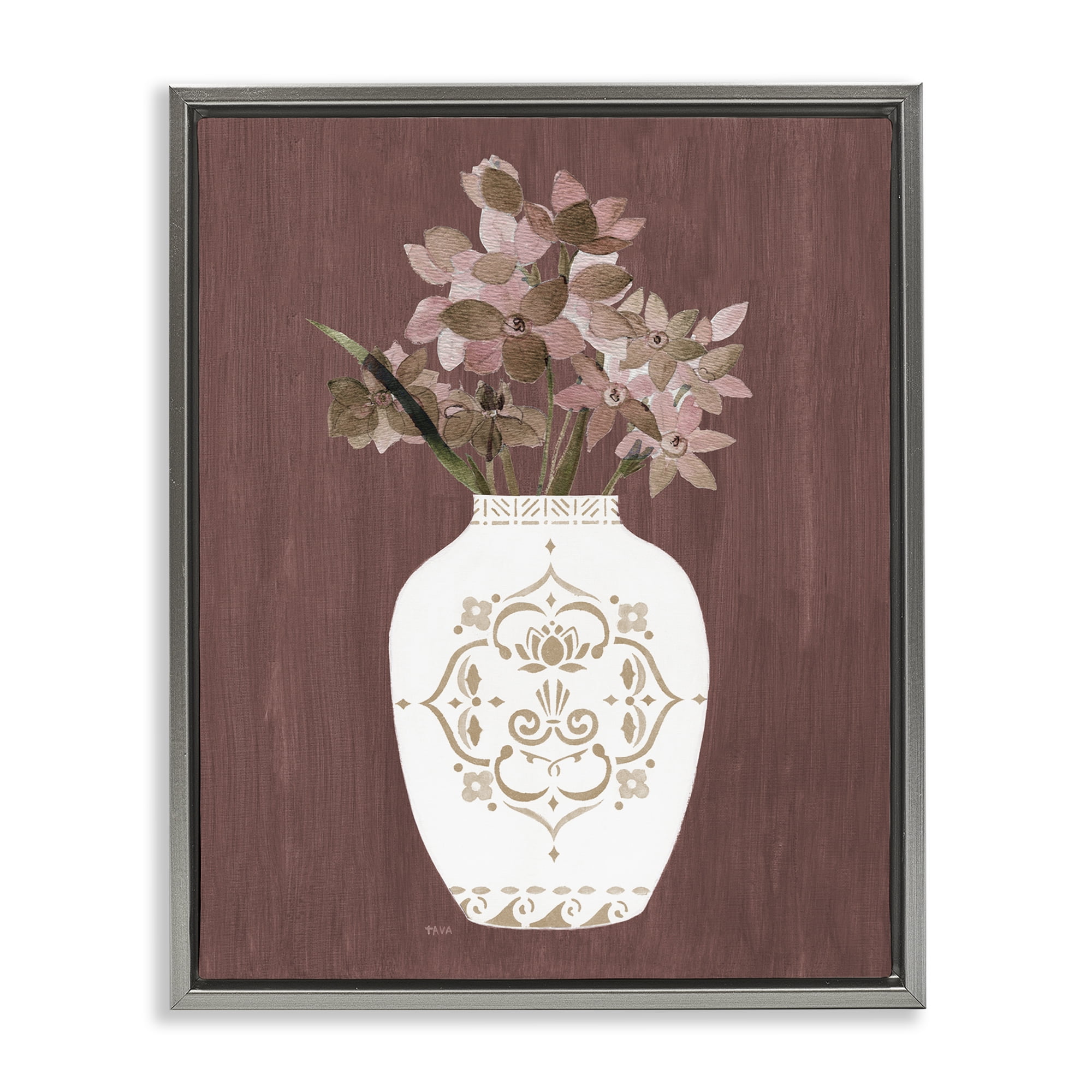 Stupell Industries Ornate Boho Vase Plants & Flowers Painting Gray Floater Framed Canvas Art Print Wall Art, 25 x 31