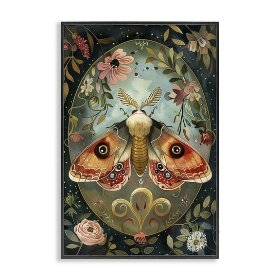 Stupell Industries Ornate Bordered Victorian Moth Floral Painting Black Framed Art Print Wall Art, 12 x 18