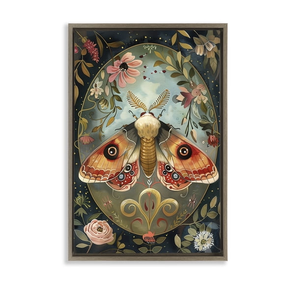 Stupell Industries Ornate Bordered Victorian Moth Floral Painting Brown Floater Framed Canvas Art Print Wall Art, 17 x 25