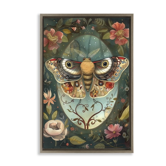 Stupell Industries Ornate Botanicals & Moth Floral Painting Brown Floater Framed Canvas Art Print Wall Art, 21 x 31