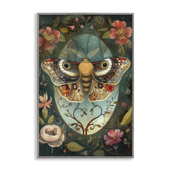 Stupell Industries Ornate Botanicals & Moth Floral Painting Gray Framed Art Print Wall Art, 12 x 18