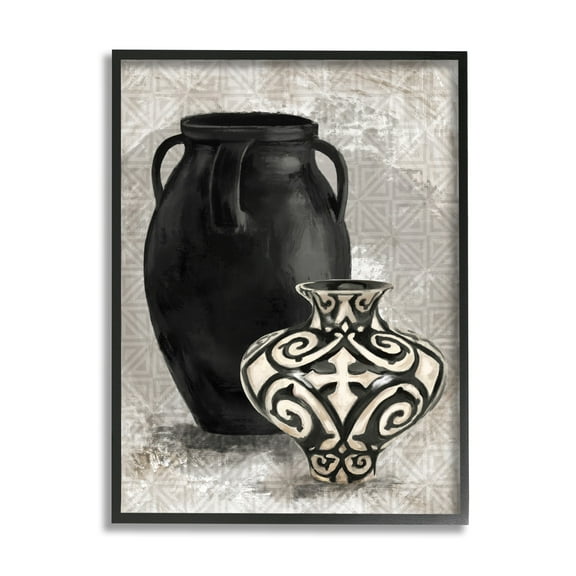 Stupell Industries Ornate Ceramics over Grey Geometric Pattern Black Framed by Daphne Polselli
