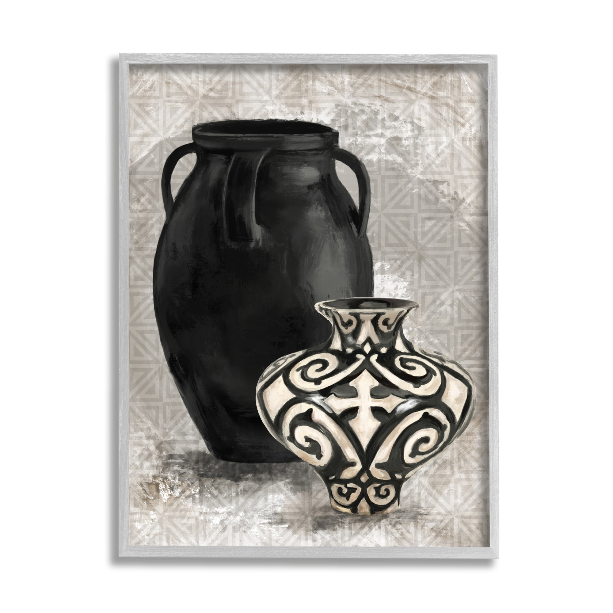Stupell Industries Ornate Ceramics over Grey Geometric Pattern Gray Framed by Daphne Polselli