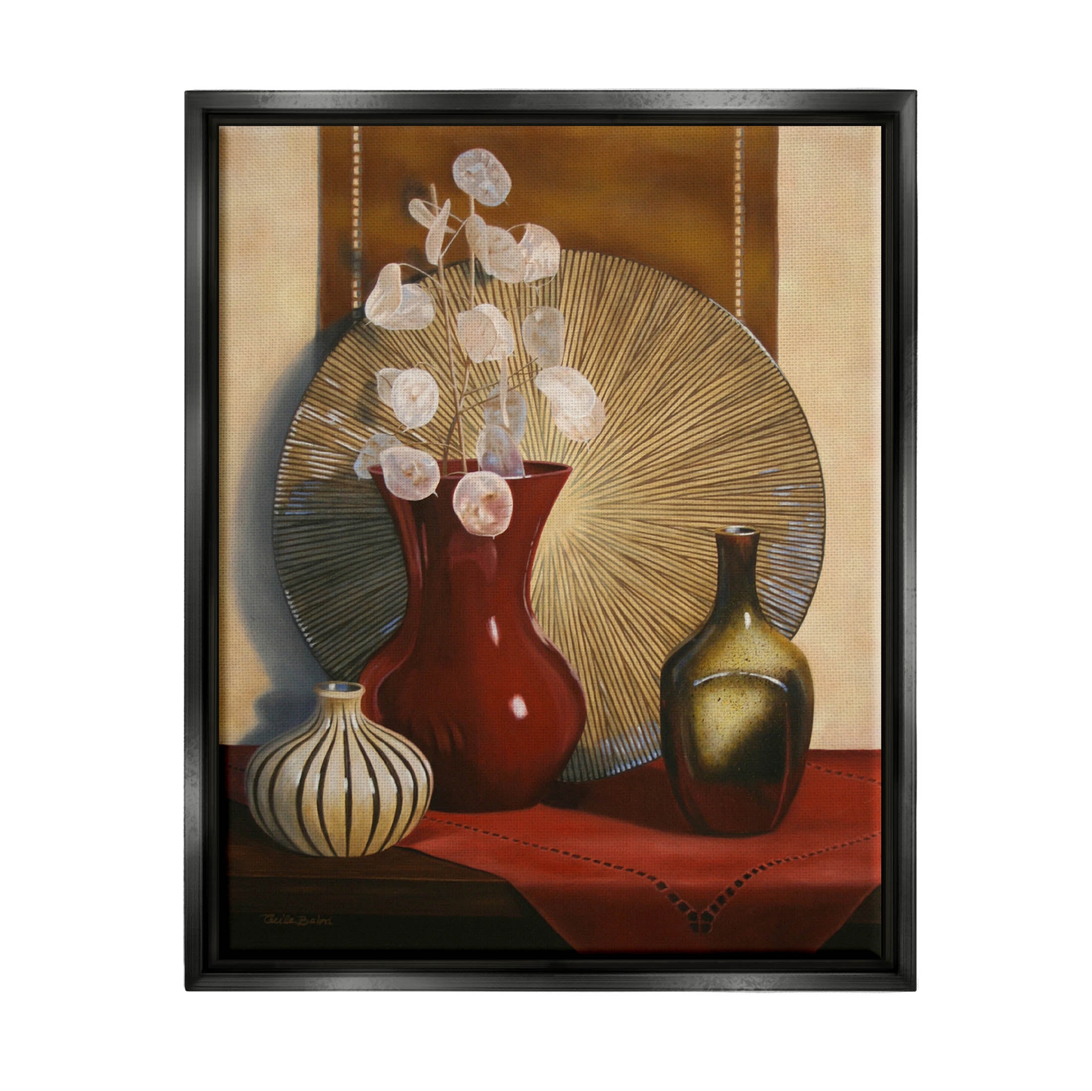 Stupell Industries Ornate Floral Vase Still Life Painting Jet Black Floating Framed Canvas Print Wall Art, Design by Cecile Baird