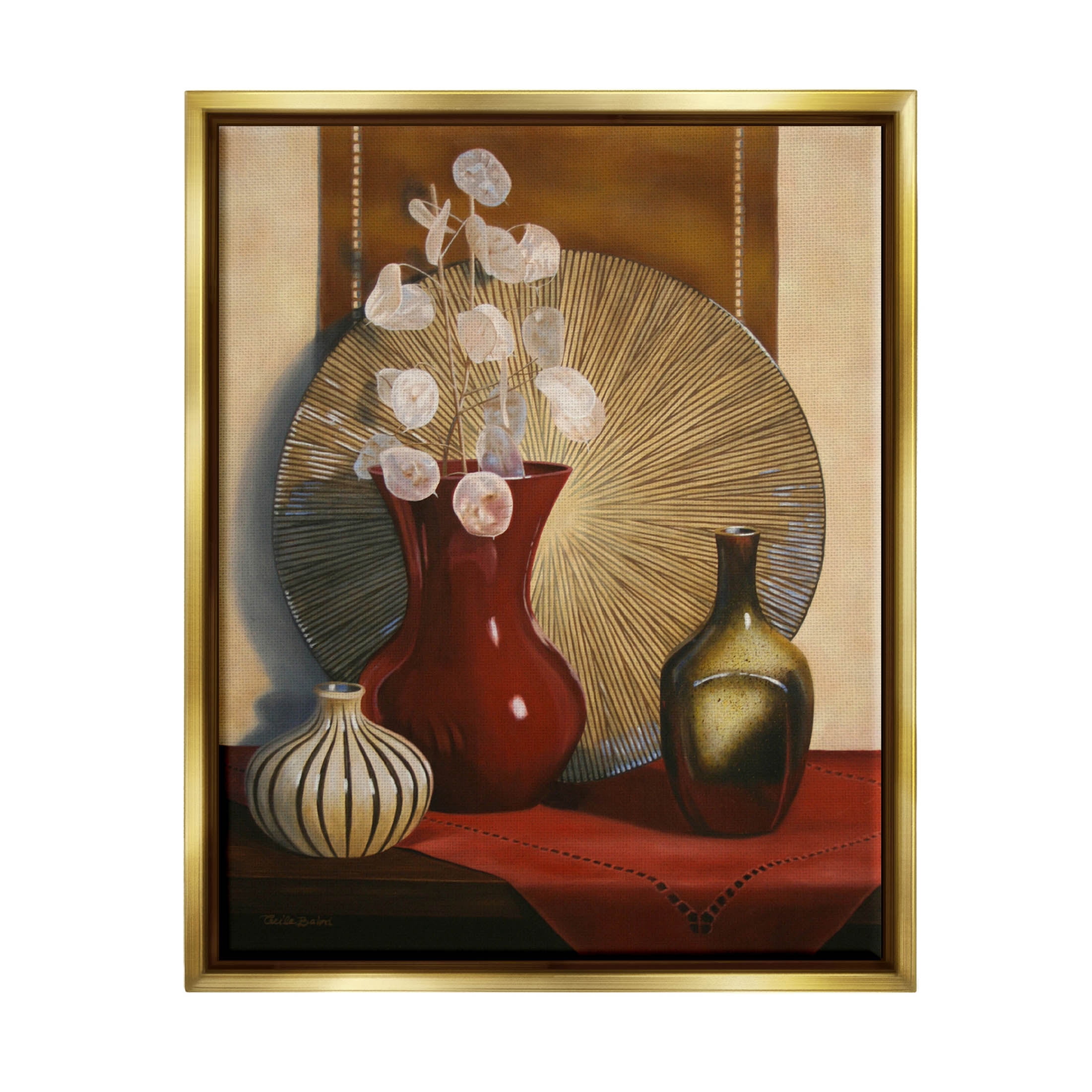 Stupell Industries Ornate Floral Vase Still Life Painting Metallic Gold Floating Framed Canvas Print Wall Art, Design by Cecile Baird