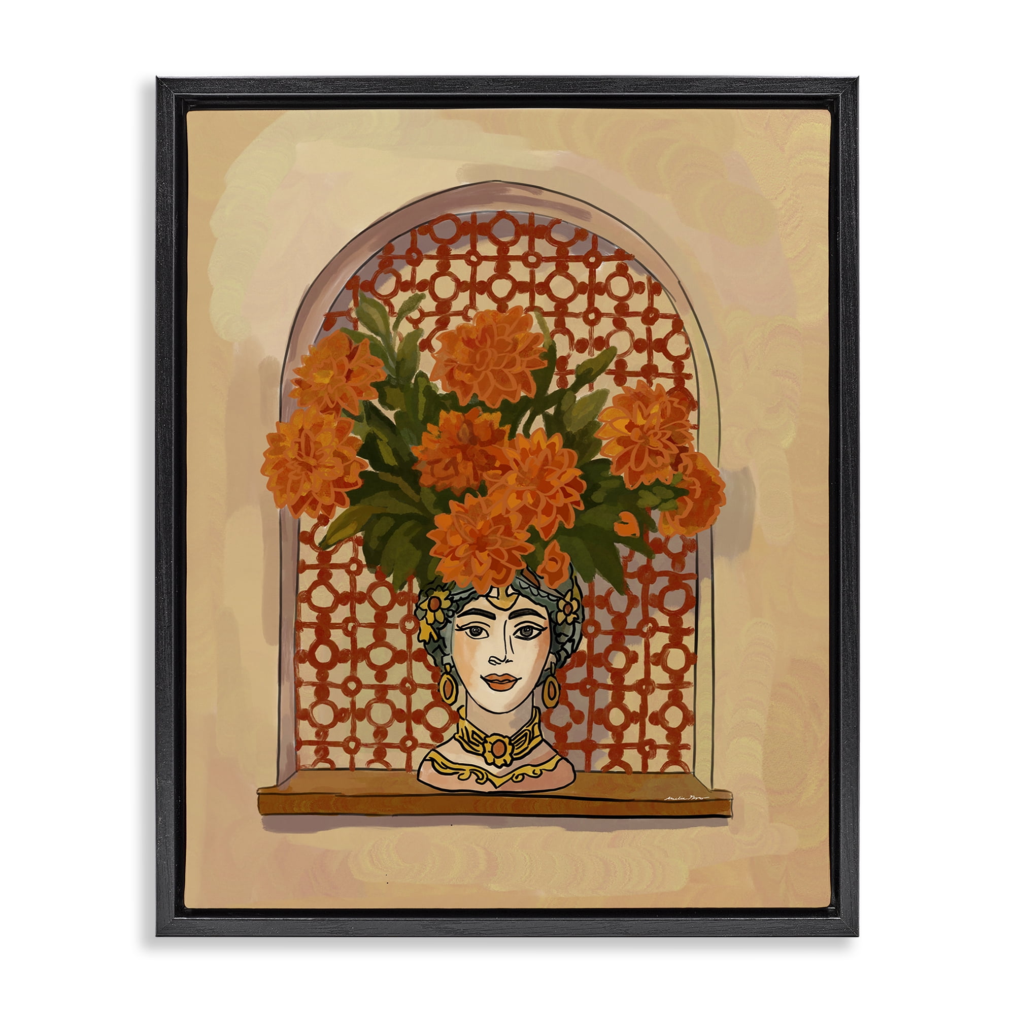 Stupell Industries Ornate Flower Head Vase Black Framed Floater Canvas Wall Art, design by Amelia Noyes