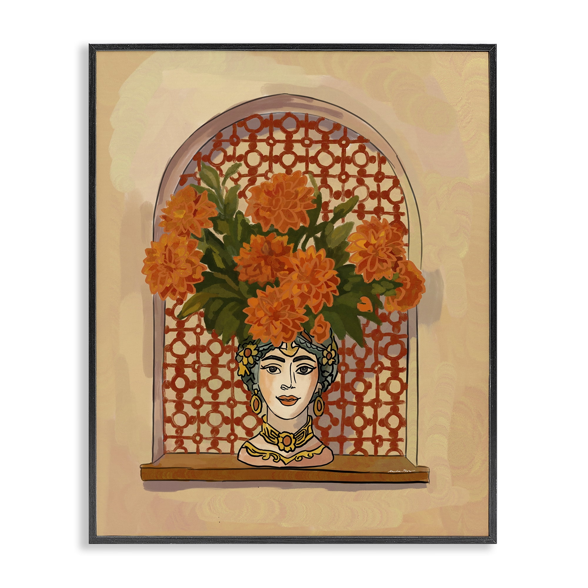 Stupell Industries Ornate Flower Head Vase Black Framed Giclee Art, design by Amelia Noyes