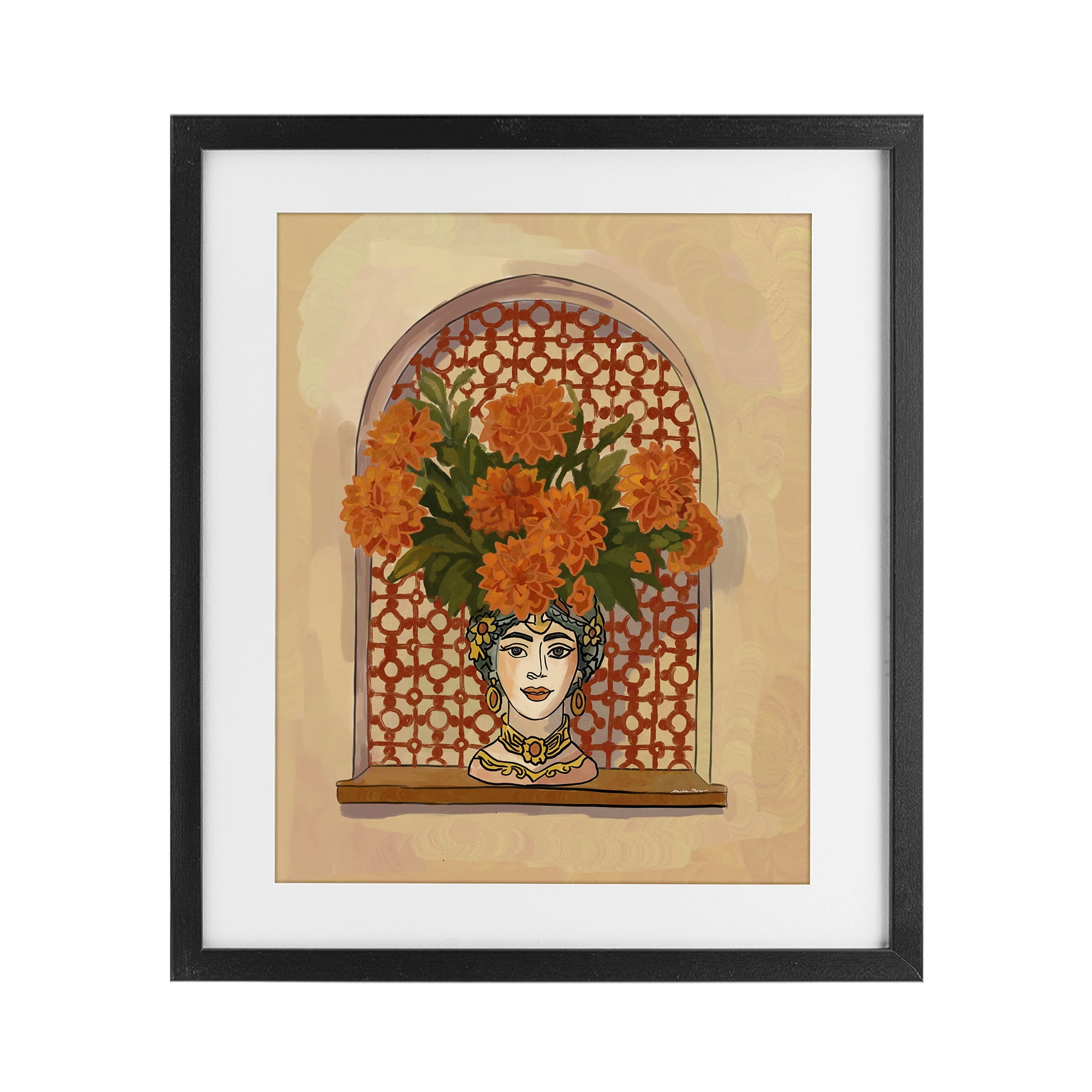 Stupell Industries Ornate Flower Head Vase Black Framed Print Under Glass, design by Amelia Noyes