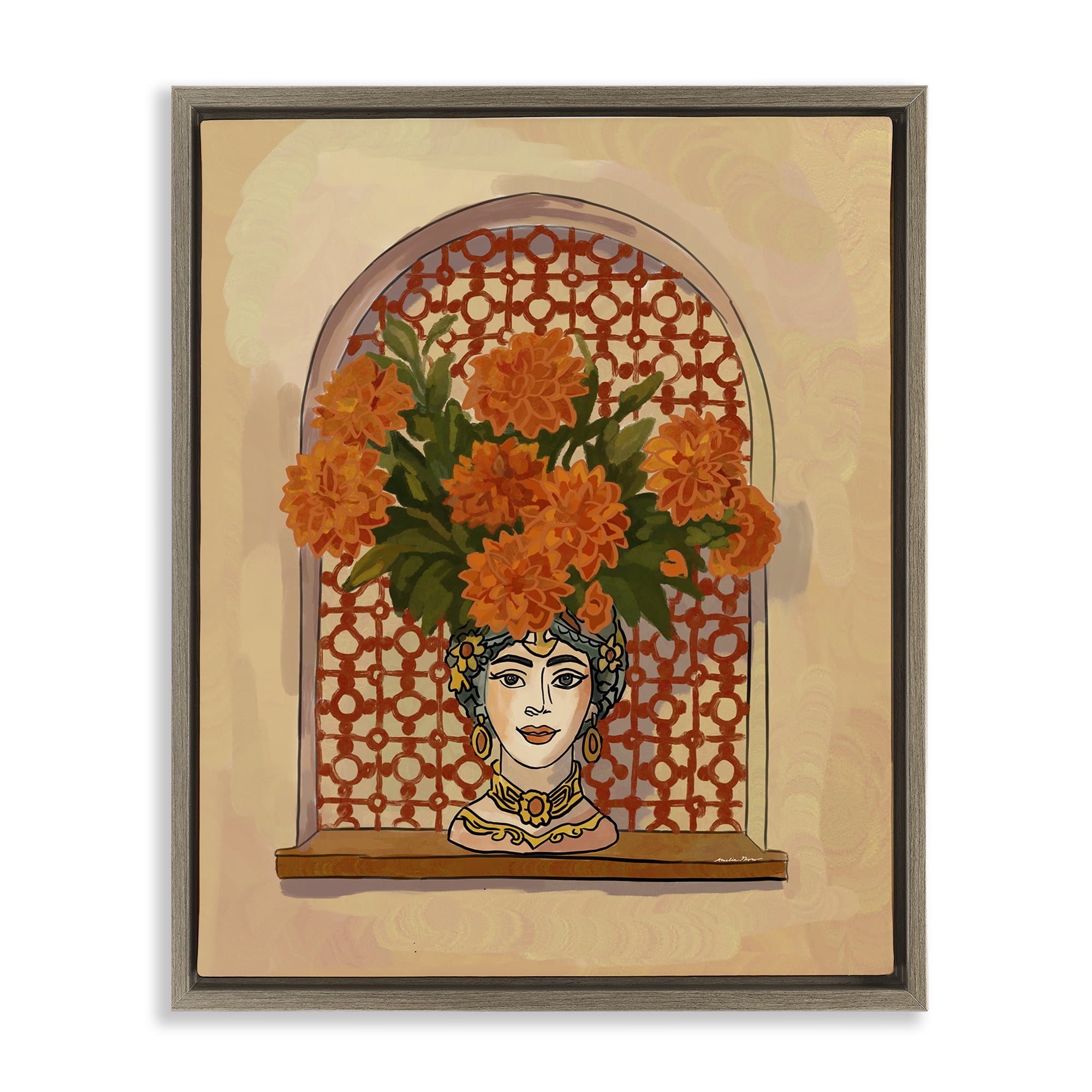 Stupell Industries Ornate Flower Head Vase Brown Framed Floater Canvas Wall Art, design by Amelia Noyes