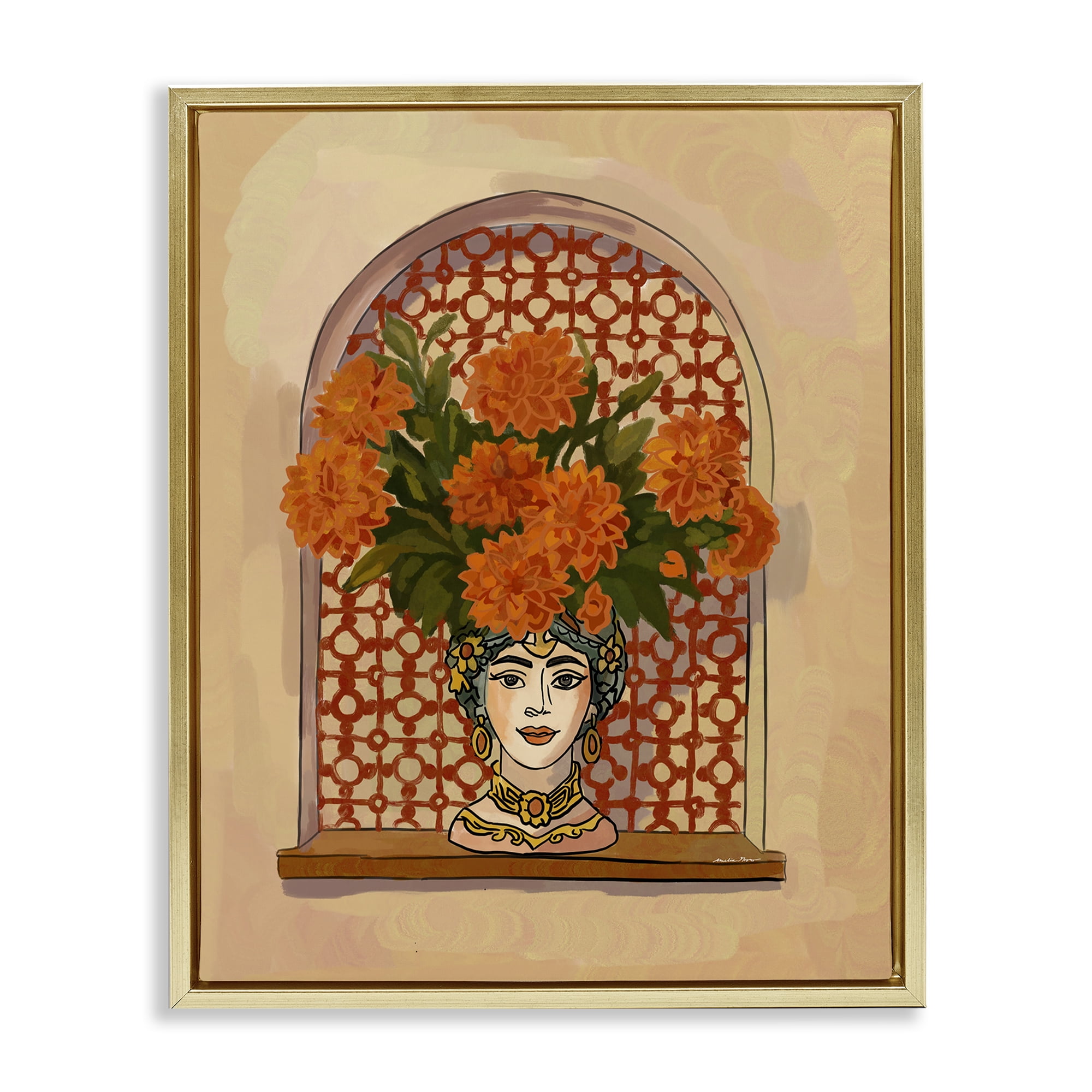Stupell Industries Ornate Flower Head Vase Gold Framed Floater Canvas Wall Art, design by Amelia Noyes