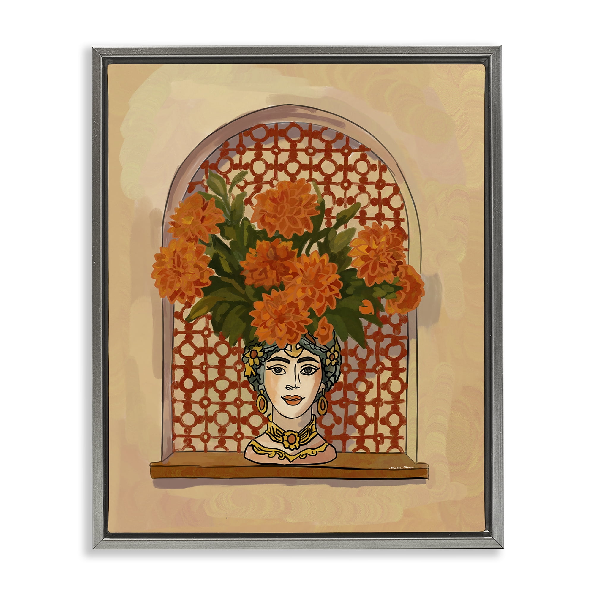 Stupell Industries Ornate Flower Head Vase Gray Framed Floater Canvas Wall Art, design by Amelia Noyes