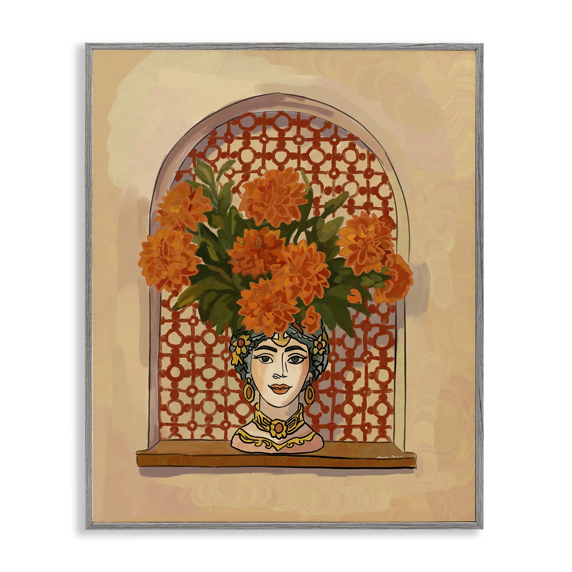 Stupell Industries Ornate Flower Head Vase Gray Framed Giclee Art, design by Amelia Noyes