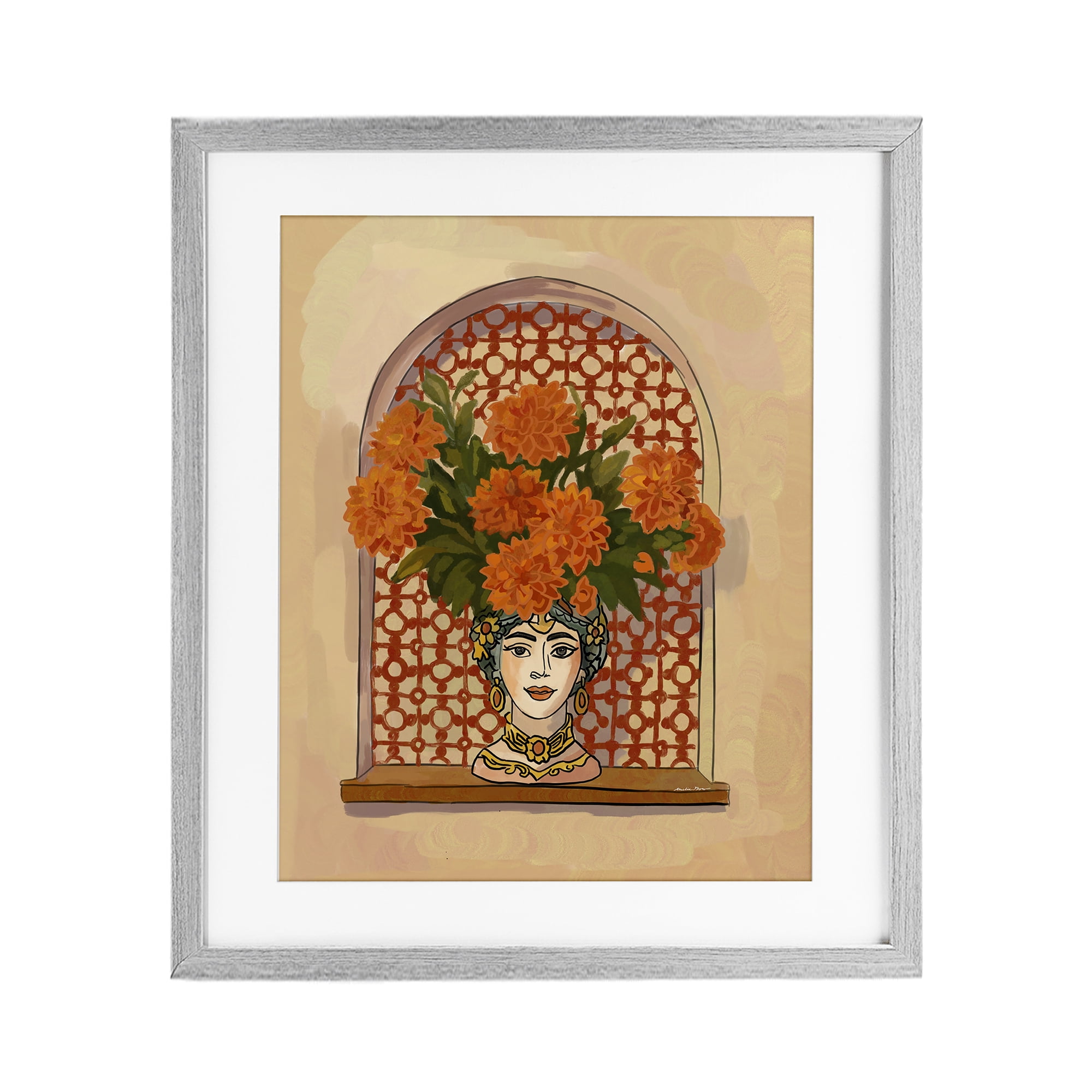 Stupell Industries Ornate Flower Head Vase Gray Framed Print Under Glass, design by Amelia Noyes