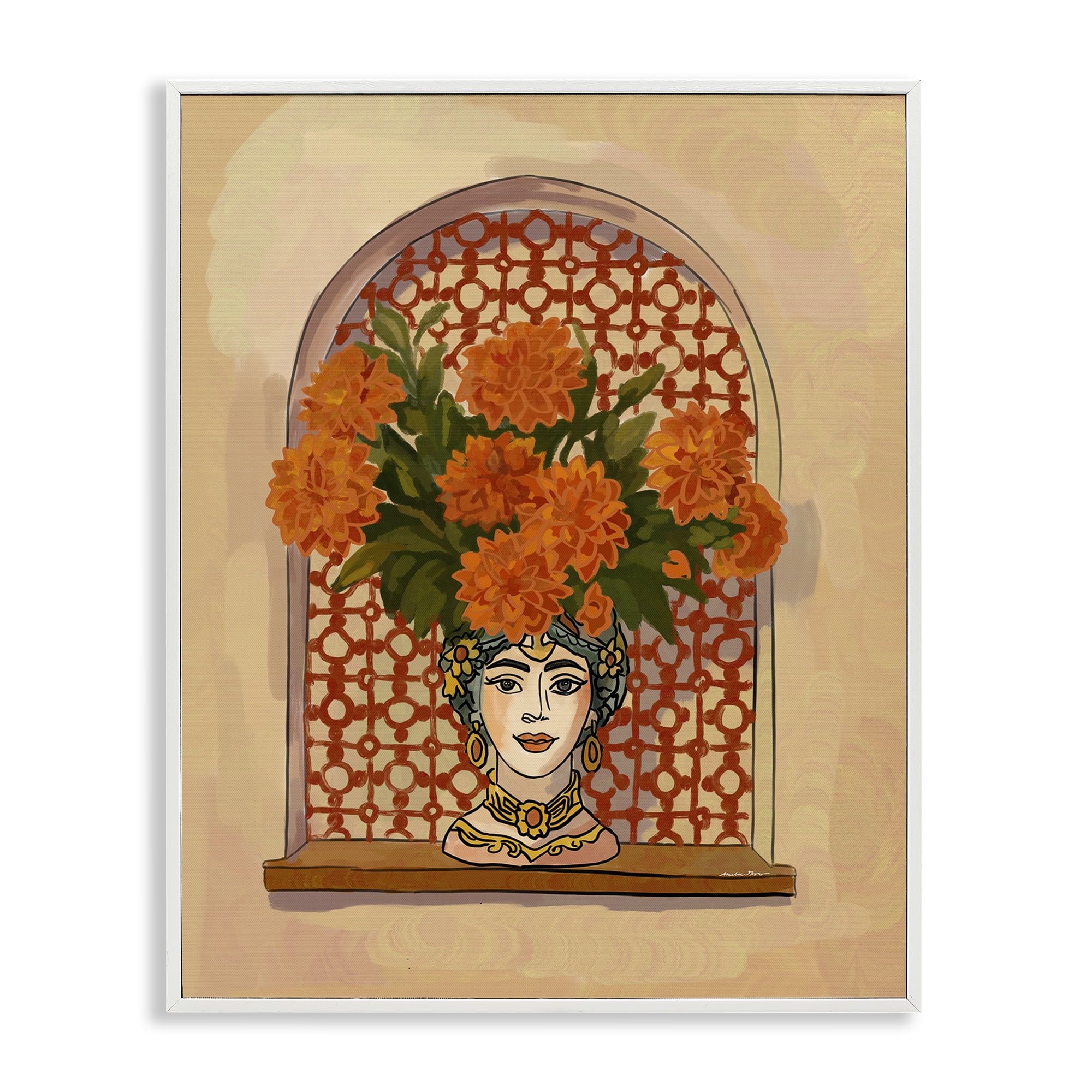 Stupell Industries Ornate Flower Head Vase White Framed Giclee Art, design by Amelia Noyes