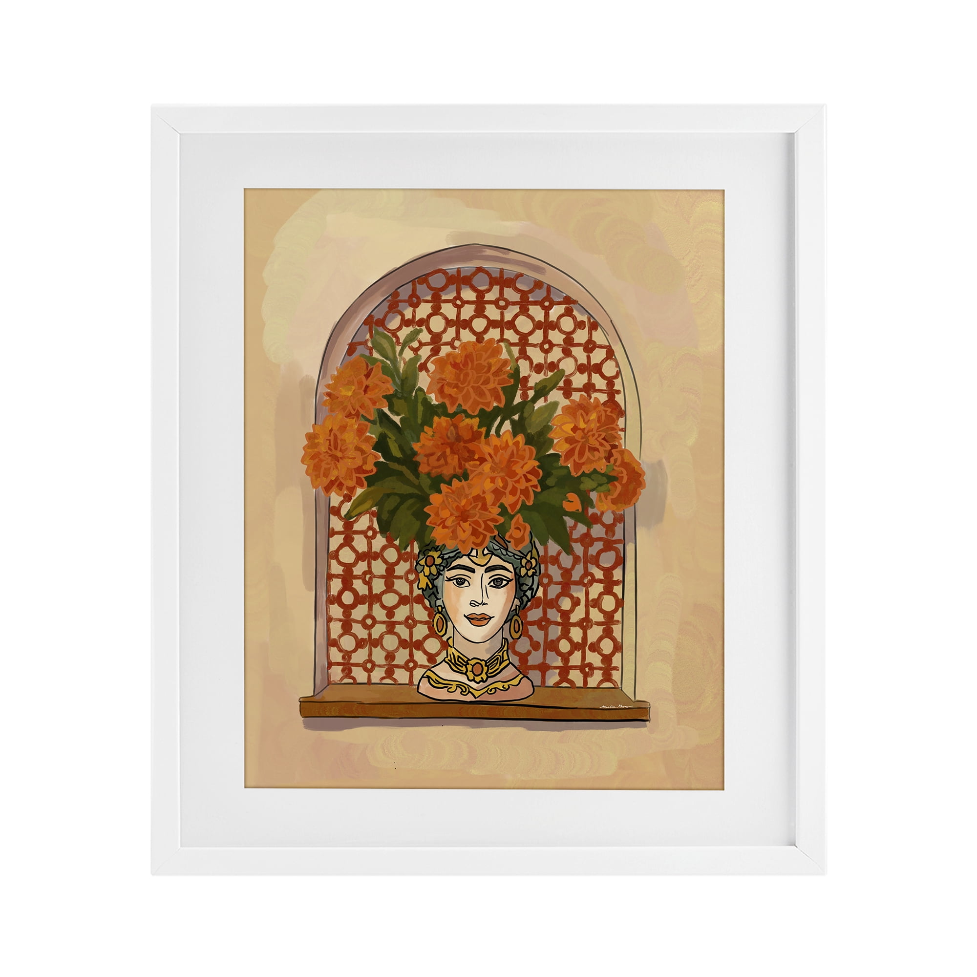 Stupell Industries Ornate Flower Head Vase White Framed Print Under Glass, design by Amelia Noyes