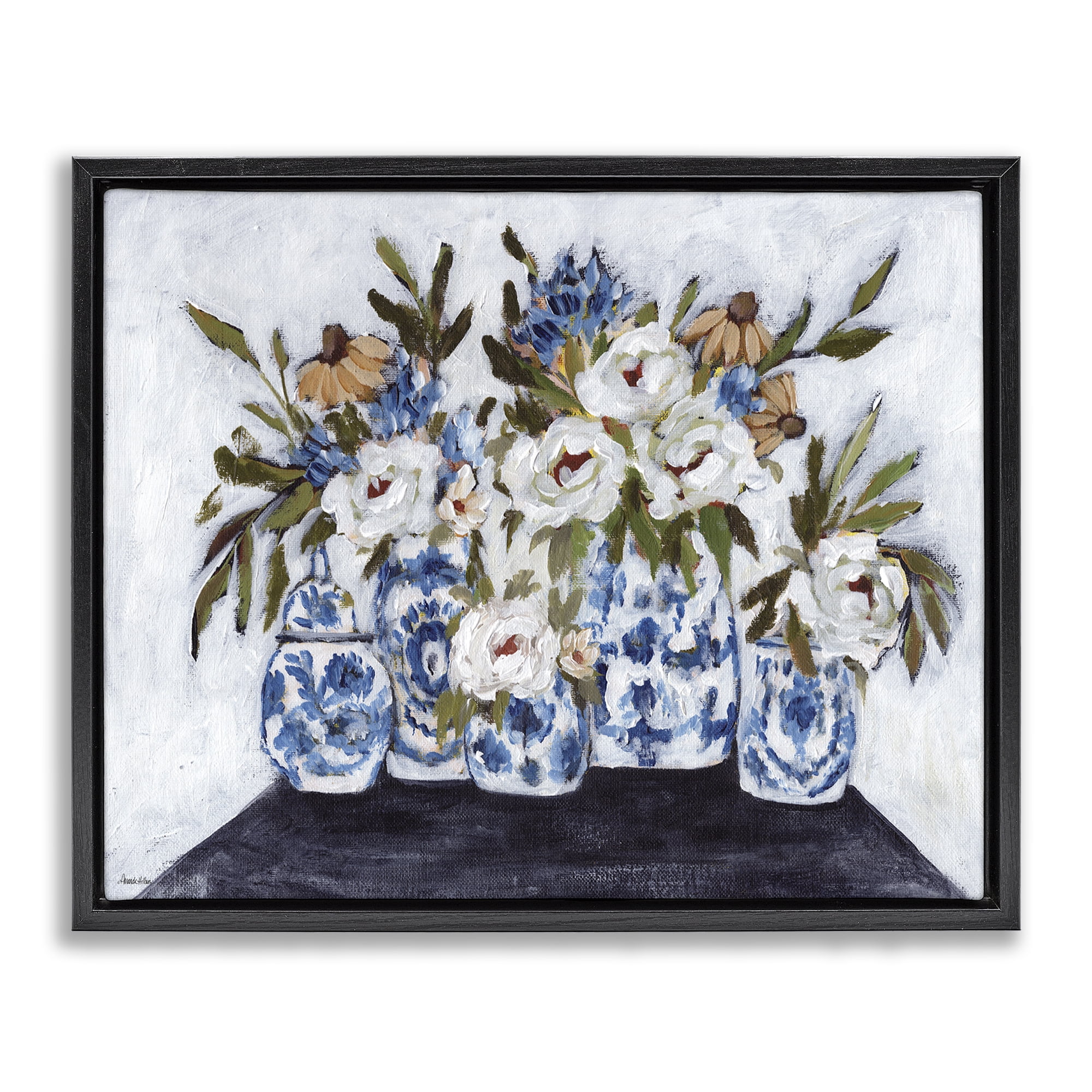 Stupell Industries Ornate Flower Pots Still Life Plants & Flowers Painting Black Floater Framed Canvas Art Print Wall Art, 21 x 17