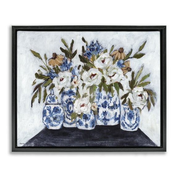 Stupell Industries Ornate Flower Pots Still Life Plants & Flowers Painting Black Floater Framed Canvas Art Print Wall Art, 21 x 17
