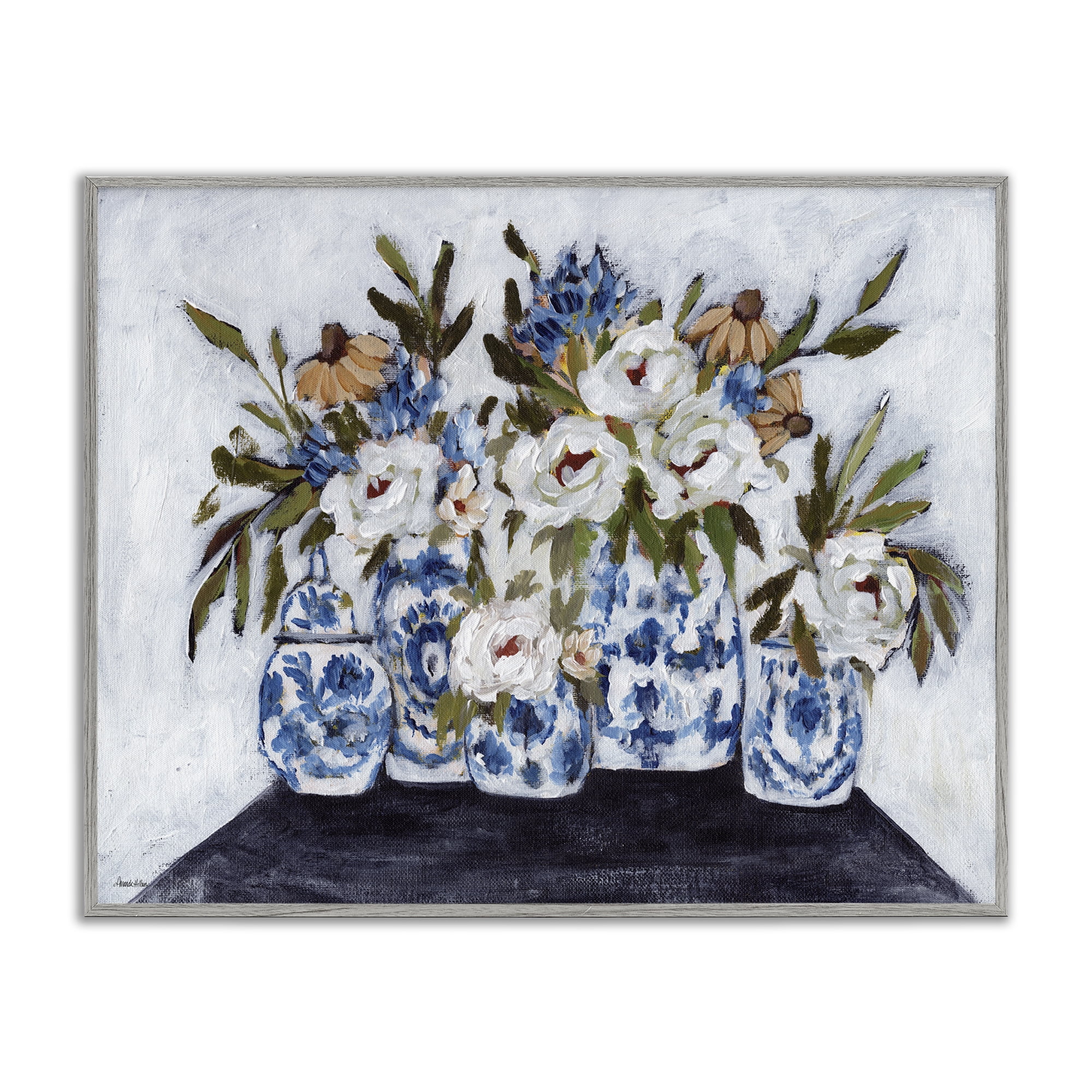 Stupell Industries Ornate Flower Pots Still Life Plants & Flowers Painting Gray Framed Art Print Wall Art, 14 x 11
