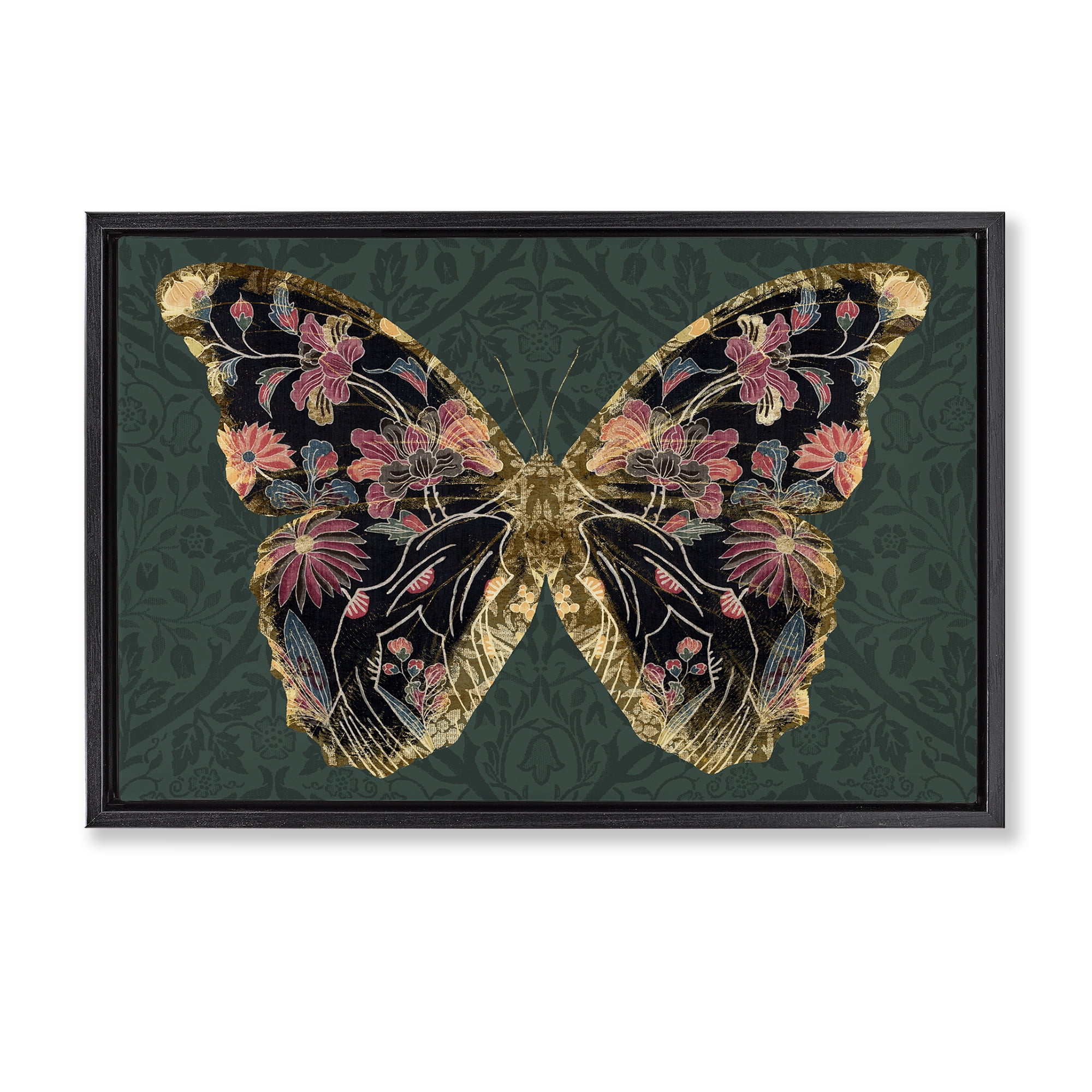 Stupell Industries Ornate Pattern Butterfly Animals Painting Black Floater Framed Canvas Art Print Wall Art, 25 x 17