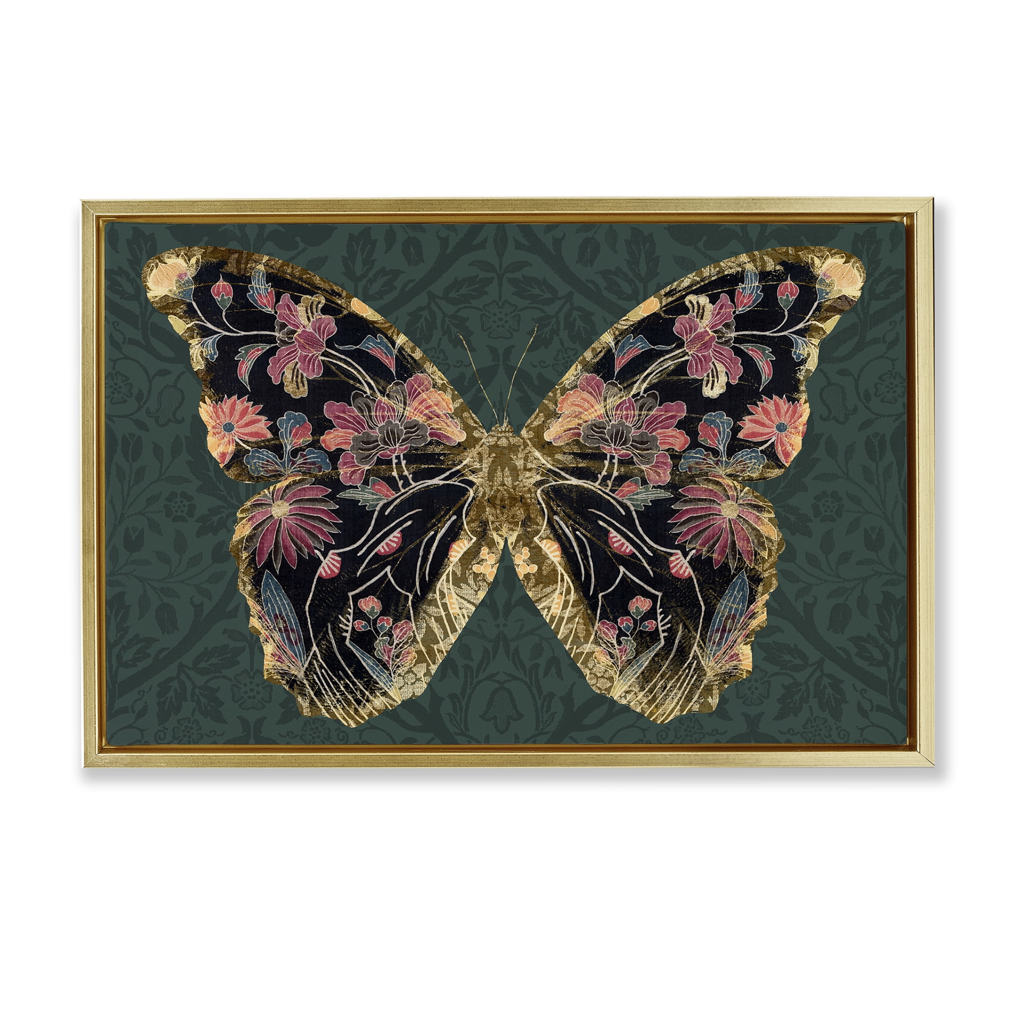 Stupell Industries Ornate Pattern Butterfly Animals Painting Gold Floater Framed Canvas Art Print Wall Art, 25 x 17