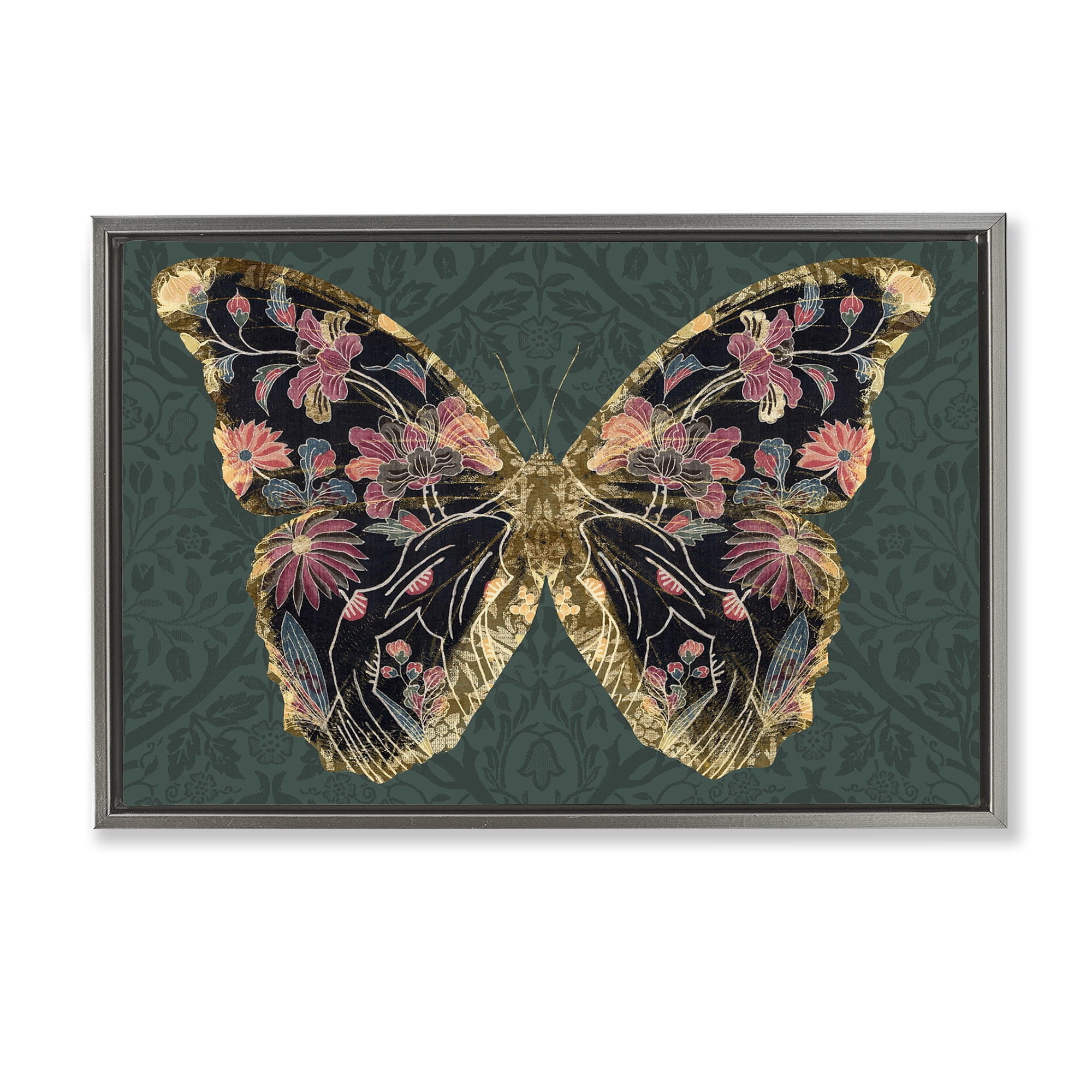 Stupell Industries Ornate Pattern Butterfly Animals Painting Gray Floater Framed Canvas Art Print Wall Art, 25 x 17