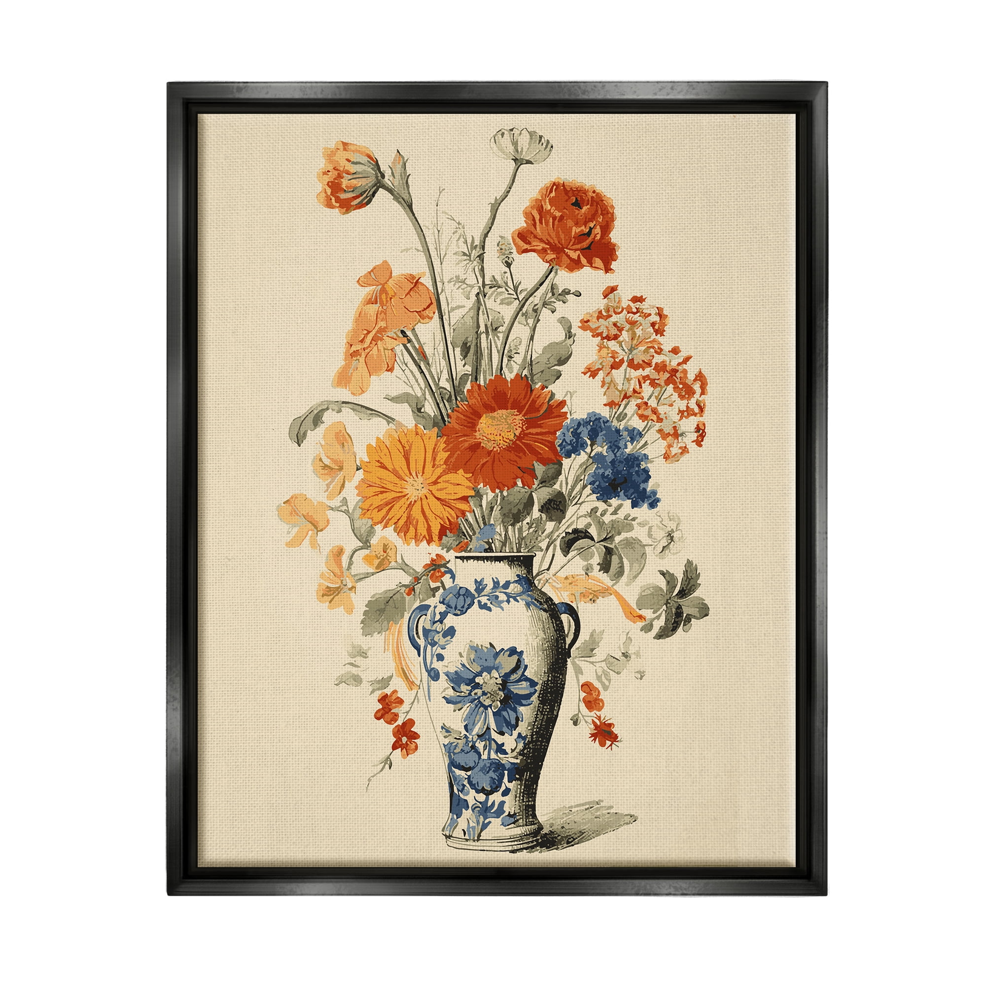 Stupell Industries Ornate Pottery Bouquet Botanical & Floral Painting Black Floater Framed Canvas Art Print Wall Art, 17 x 21